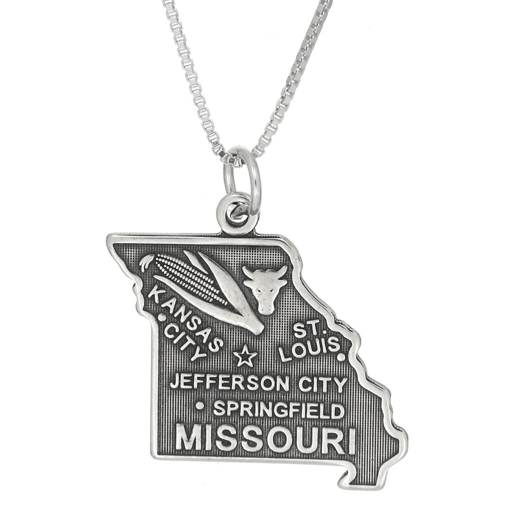 LGU Sterling Silver Oxidized Missouri State Map Charm Necklace - Perfect for Travel Lovers & State Pride Gifts