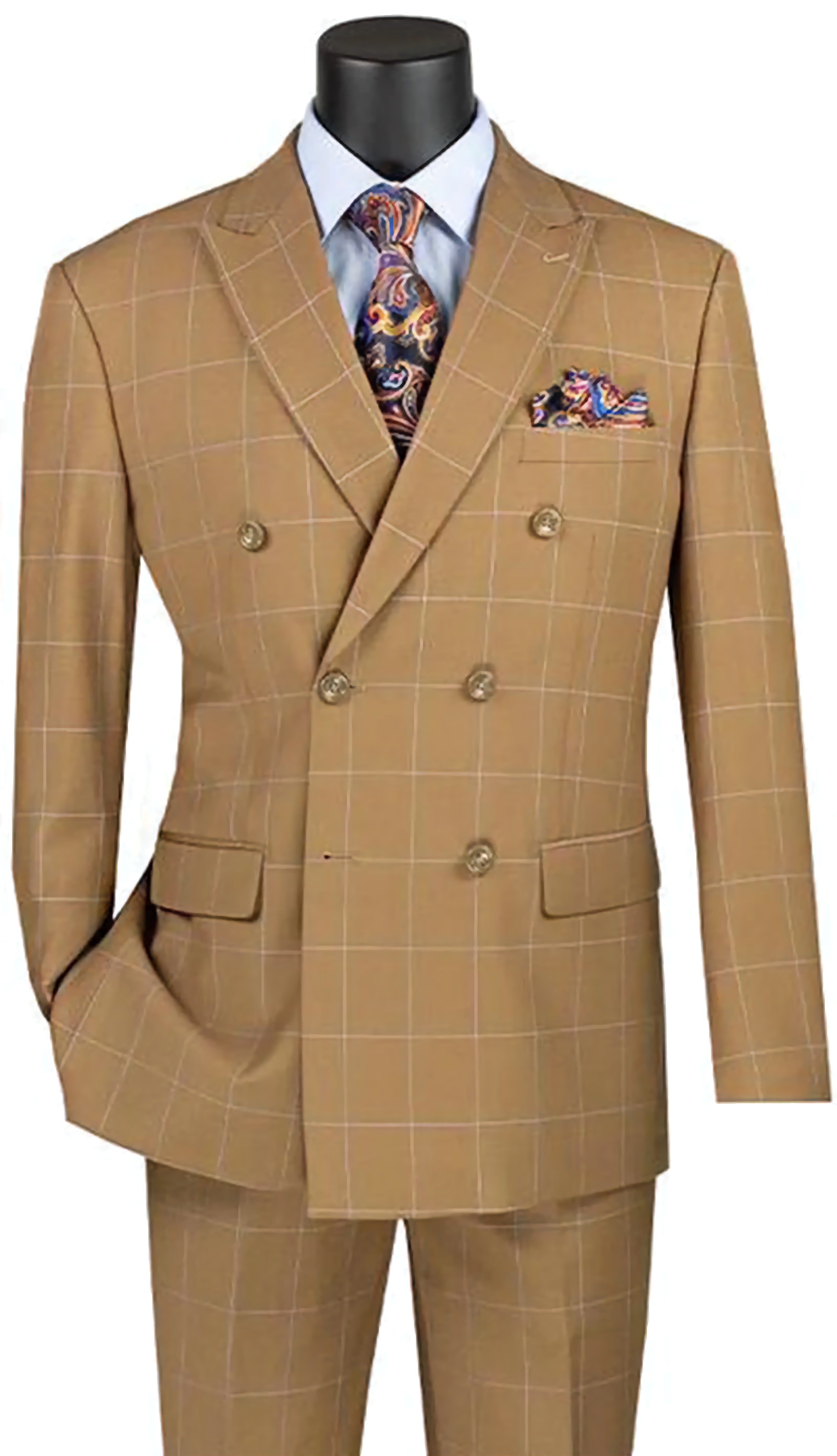 Napoli Collection Camel Modern Fit Double Breasted Windowpane Peak Lapel 2-Piece Suit for Men | Business Formal & Wedding Attire