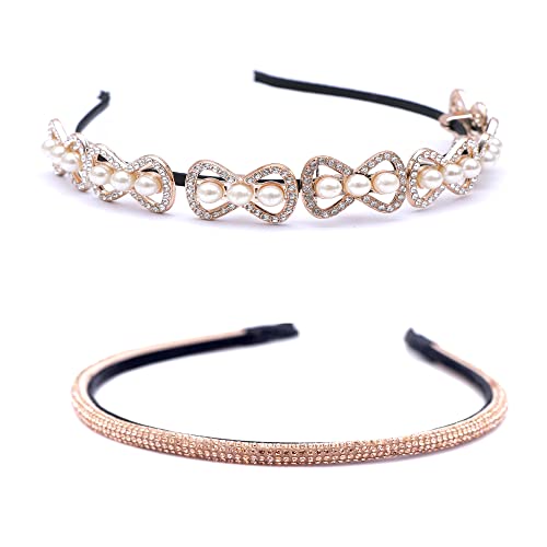 Navjai 2 Pack Crystal Rhinestone Headbands - Shiny Non-Slip Beaded Hair Hoops for Women & Girls | Golden Rhinestone & Tie Design Wedding Hair Accessories | Perfect for Bridal, Prom, Party & Special Occasions