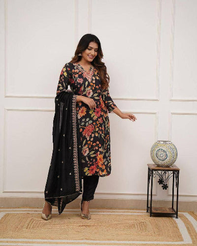 Elegant Black Russian Silk Floral Salwar Suit Set for Women - Traditional Indian Ethnic Wear for Weddings, Parties & Festive Occasions