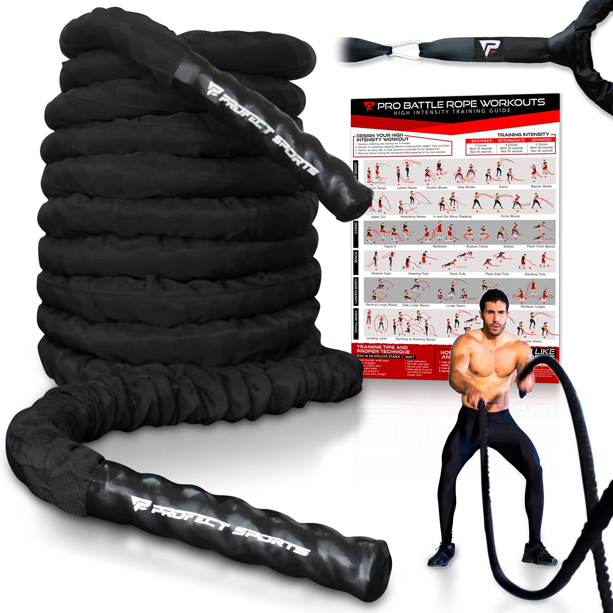 50ft Heavy Duty Battle Rope with Protective Sleeve - ABS Grip for Strength Training, Cardio & CrossFit - Ideal for Home Gym, Outdoor Workouts & Fitness Classes (Black, Plastic Material)