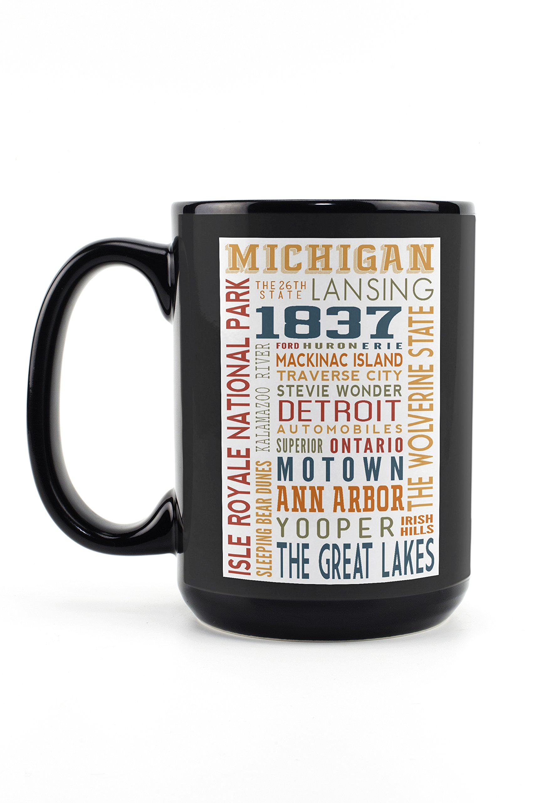 Lantern Press Michigan Typography 15oz Black Ceramic Coffee Mug - Microwave & Dishwasher Safe - Perfect for Home, Office & Gifts