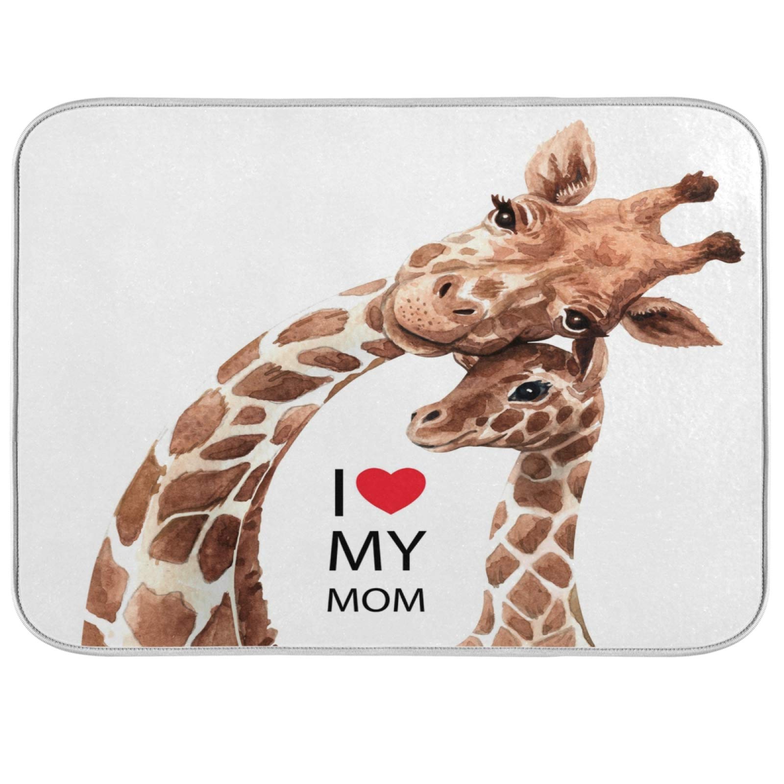 Blueangle Watercolor Mom Giraffe Dish Drying Mat - 16x18 Inch Extra Large Microfiber Kitchen Mat for Dishes, Countertop Protection & Mother's Day Gift - Perfect for Kitchen Decor, Dish Drainage & Countertop Organization