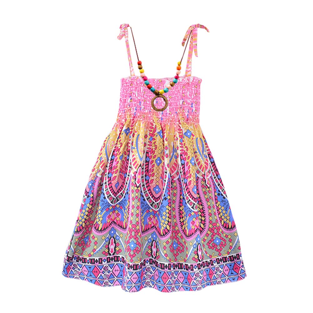 DCUTERQ Toddler Baby Girls Rainbow Floral Summer Dress - Bohemian Sleeveless Sundress with Necklace for Beach, Party & Outdoor Play