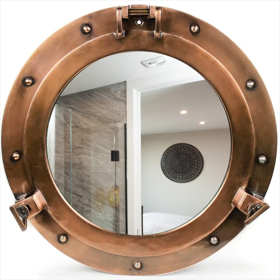 Authentic Antique Copper Nautical Ship Porthole Mirror - 24 Inch Rustic Maritime Decor for Home, Office, or Boat | Vintage Style Wall Mirror with Authentic Rustic Appeal | Perfect for Coastal, Beach House, or Nautical Themed Interiors