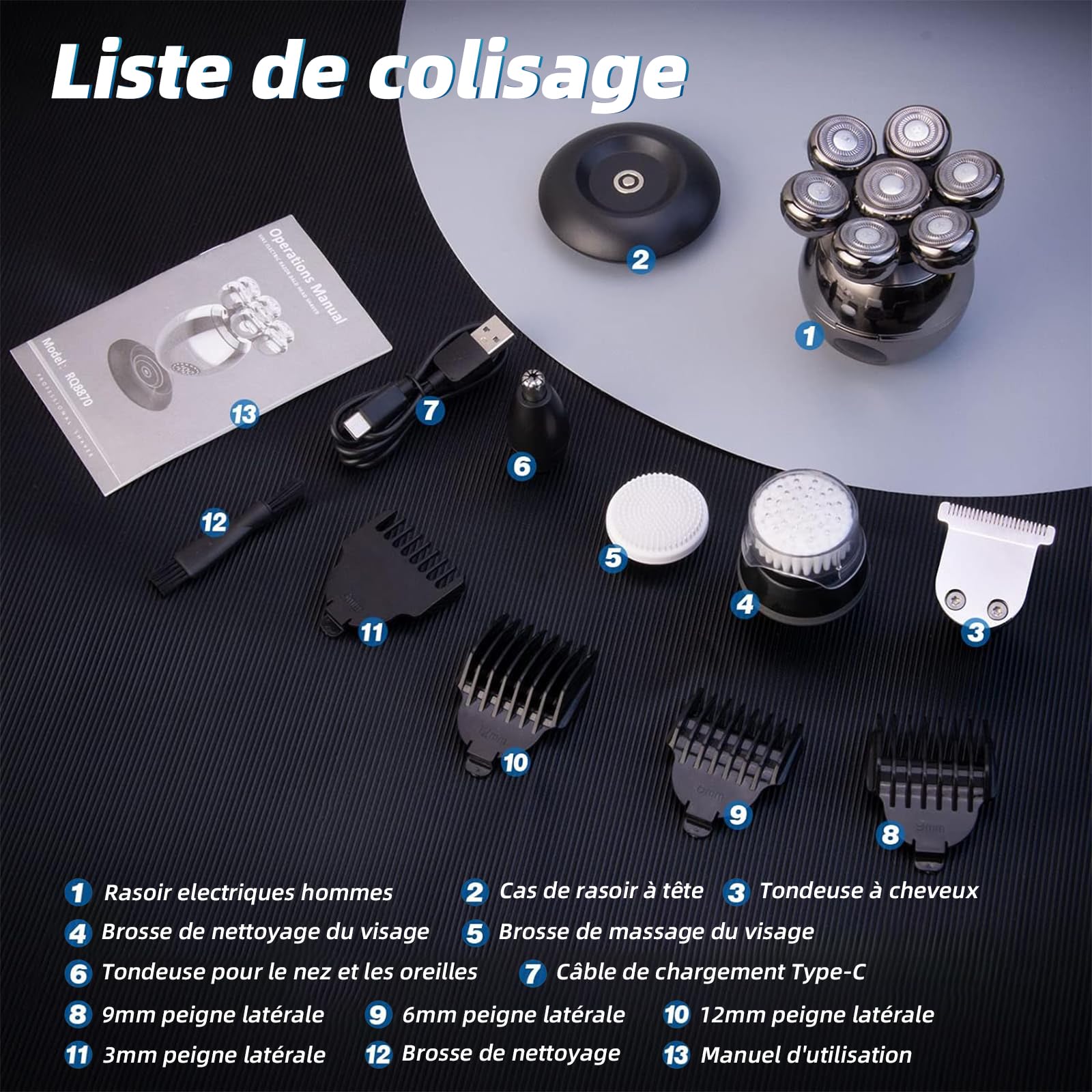 Rasoir Electrique 5 en 1 pour Hommes - Tondeuse Cheveux 7D Rotative, IPX7 Étanche, Rechargeable USB-C, Écran LED, Utilisation Sec et Humide - Idéal pour Voyage, Maison et Bureau