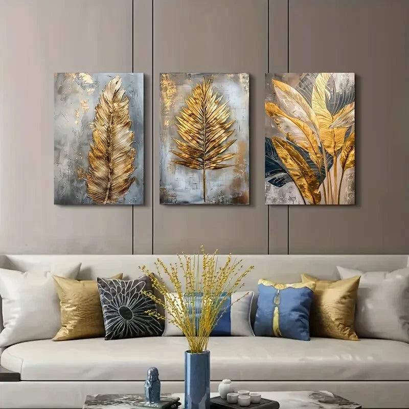 3pcs Golden Leaves & Feather Metal Wall Art Prints - Ready to Hang Home Decor for Living Room, Bedroom, Office (12x16 inch) - Modern Nature-Inspired Wall Decor for Housewarming Gifts & Interior Design