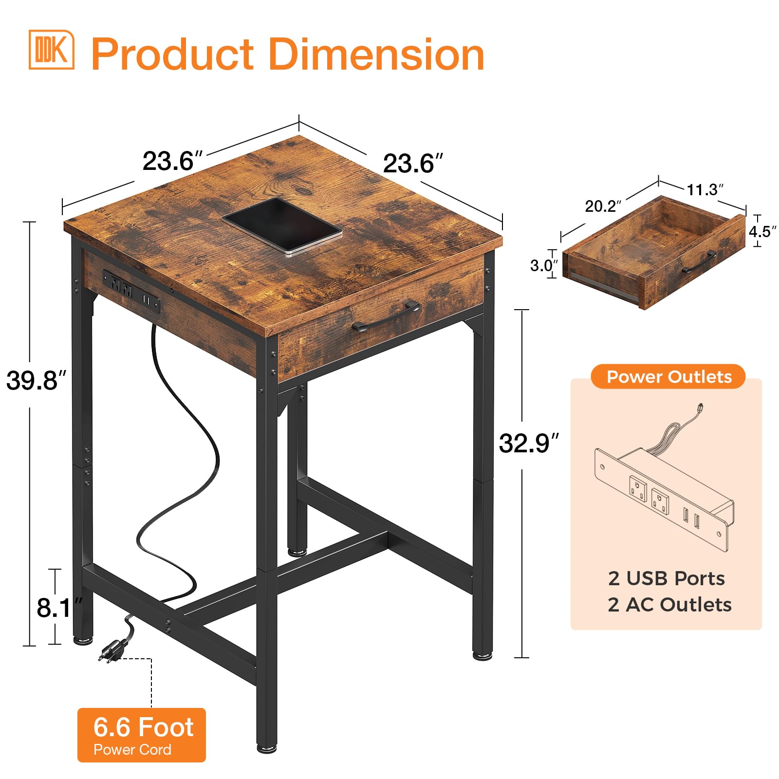 ODK 24x24 Inch Bar Table with Power Outlets & Storage - Modern Counter Height Pub Table with Sturdy Metal Legs - Vintage Style Kitchen Island & Dining Table - Perfect for Small Spaces, Home Bars, Breakfast Nooks & Game Room Setups