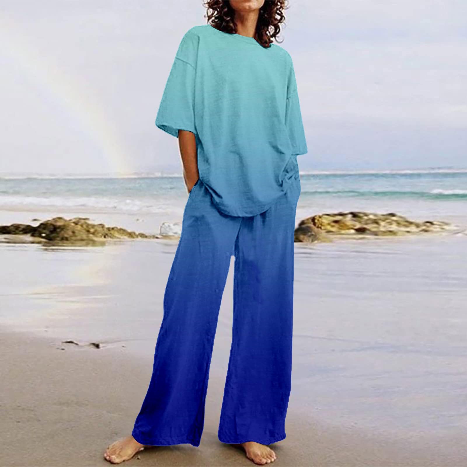 Ollysqiar Women's Summer Outfits - 2 Piece Cotton Linen Set with 3/4 Sleeve Oversized Top & Wide Leg Pants | Casual Loose Fit for Beach, Vacation & Everyday Wear