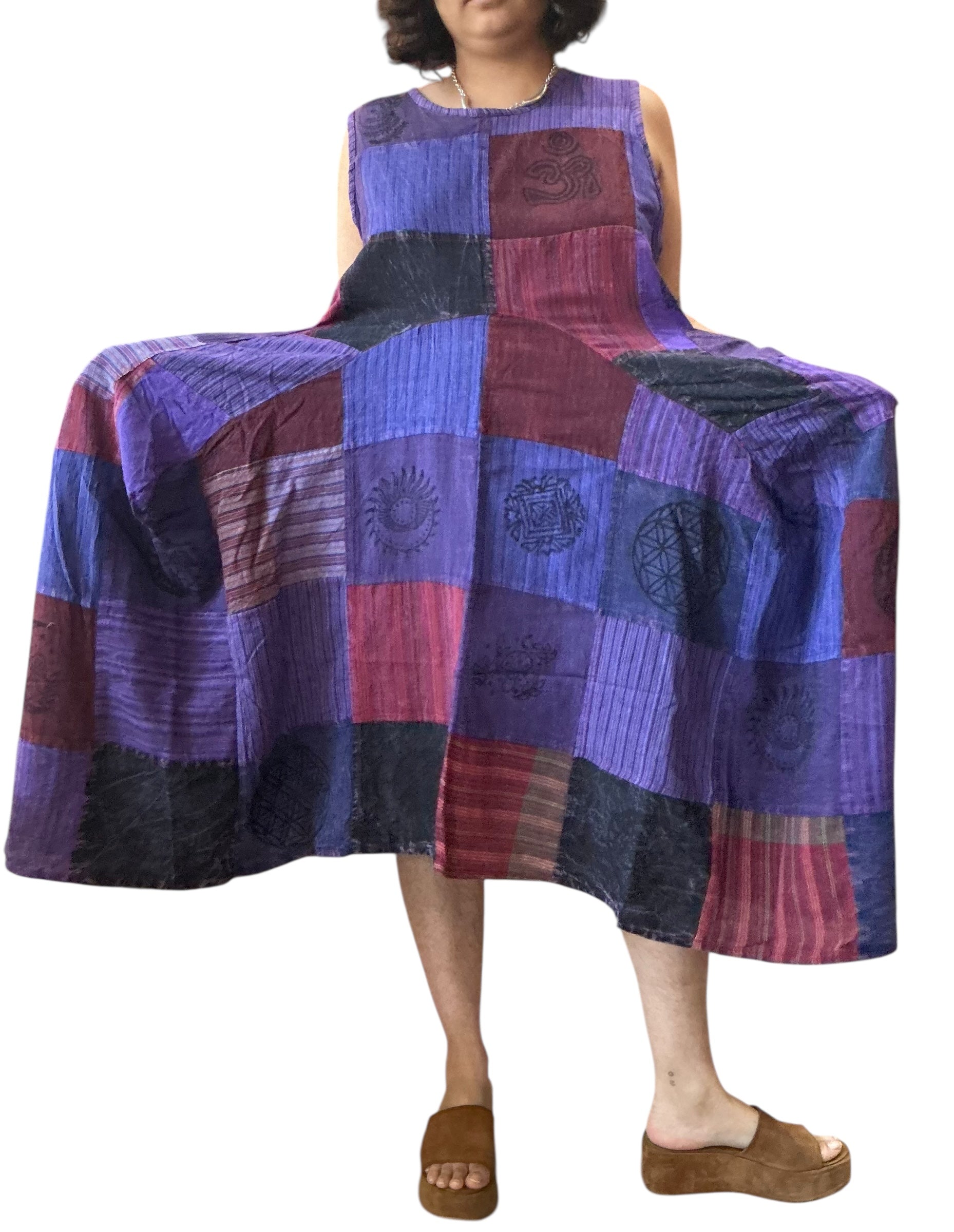 Stylish Purple Patchwork Cotton Parachute Dress with Pockets - Boho Chic Summer Outfit for Beach, Festival & Casual Wear