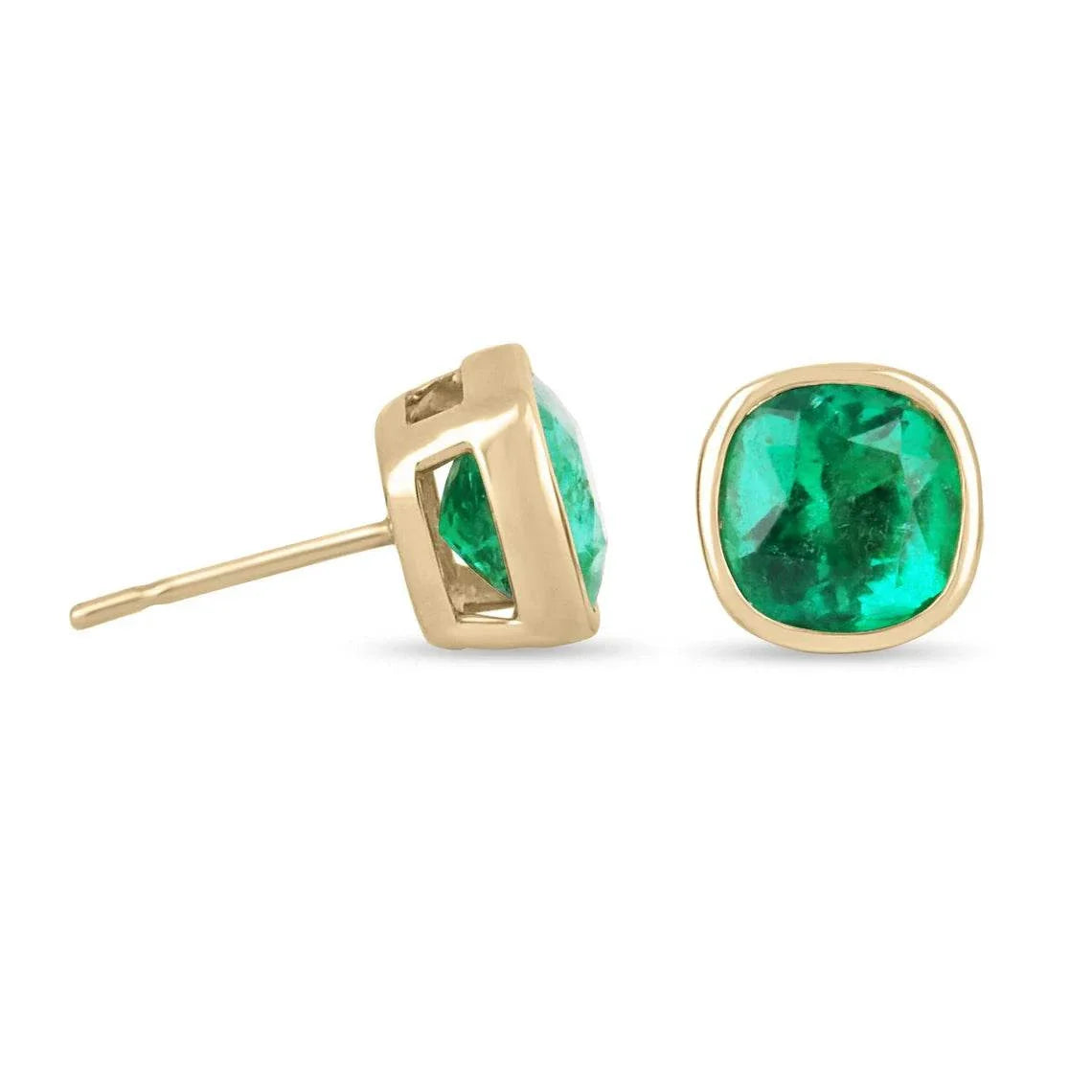 AAA+ 5.46tcw Colombian Emerald Cushion Cut Stud Earrings in 18K Gold Bezel Setting - Perfect for Weddings, Anniversaries & Special Occasions