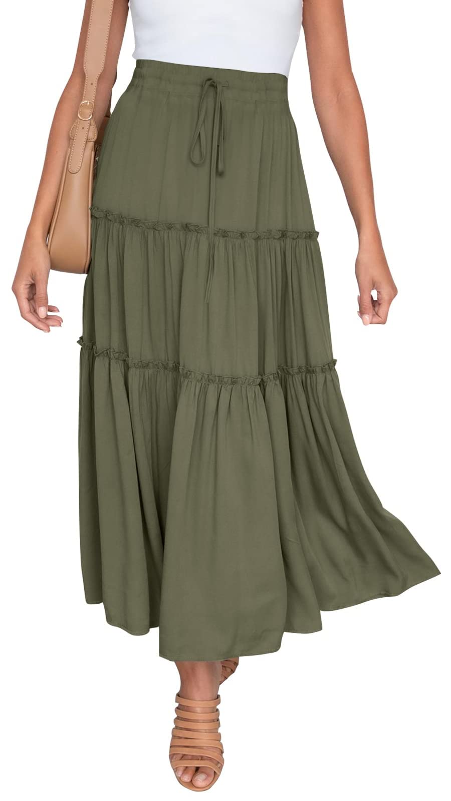 Coloody Women's High Waist Flowy Midi Skirt - Elastic Waistband, Boho Ruffle Pleated A-Line Maxi Swing Skirt with Pockets | Perfect for Summer, Beach, Vacation & Boho Chic Outfits