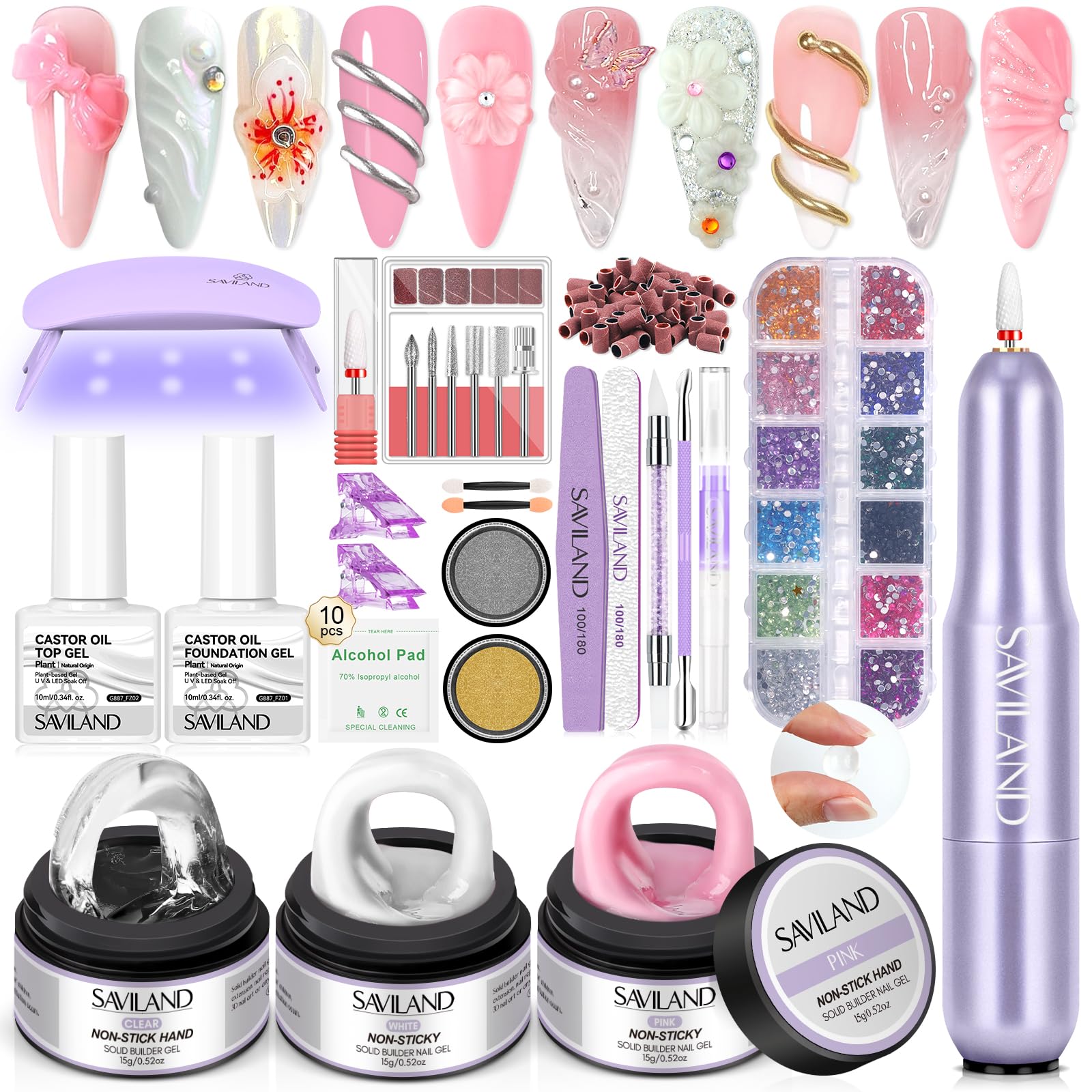 SAVILAND Solid Builder Nail Gel Kit - Clear White Pink Non-Sticky 3D UV Gel with Nail Drill & Chrome Powder for Nail Extensions, Sculpting & Nail Art | Perfect for Beginners & DIY Manicures at Home or Salon