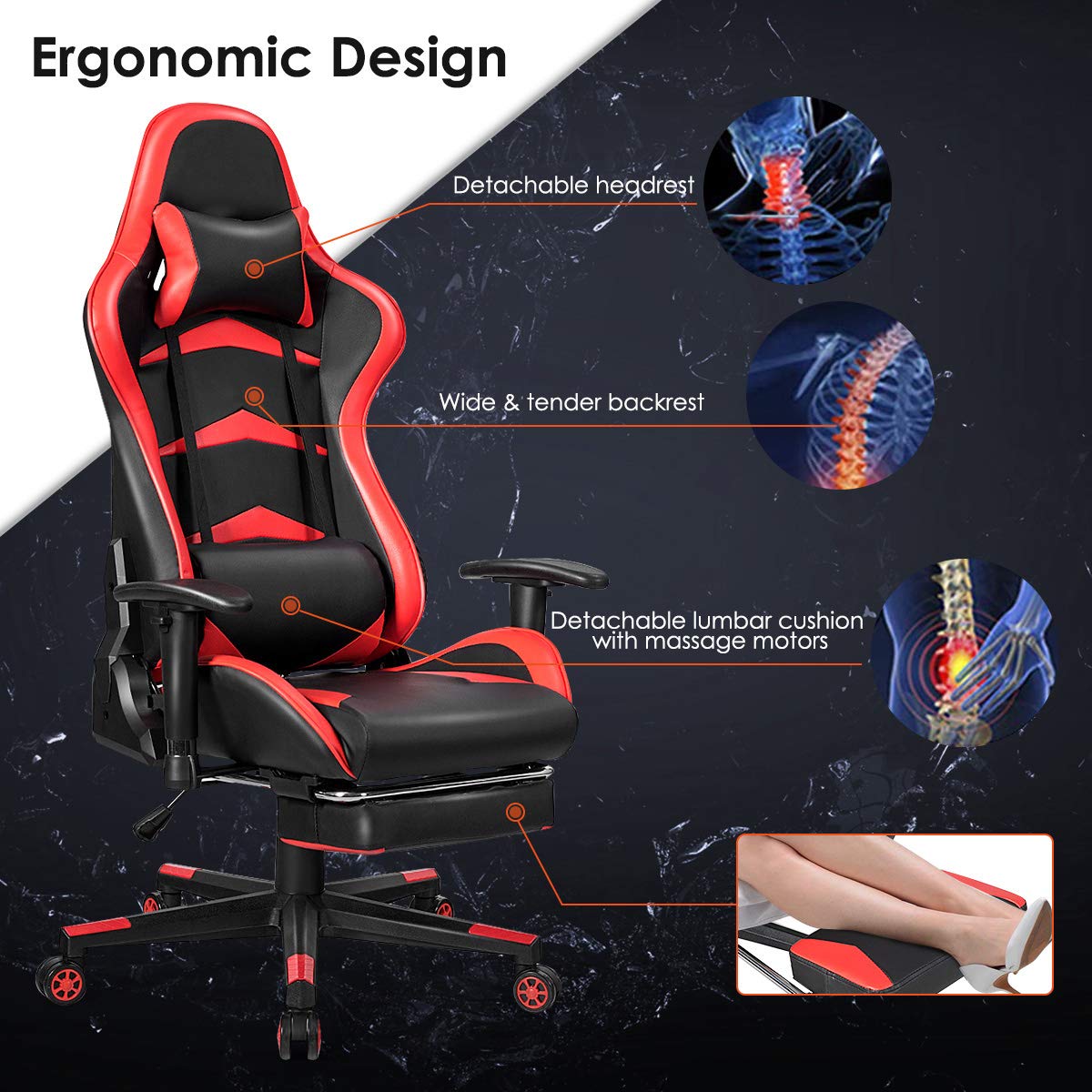 GOFLAME Ergonomic Gaming Chair - Racing Style High Back Office Chair with Adjustable Lumbar Support, Headrest, Footrest & Massage Function - Perfect for PC Gaming, Home Office & Esports Setup