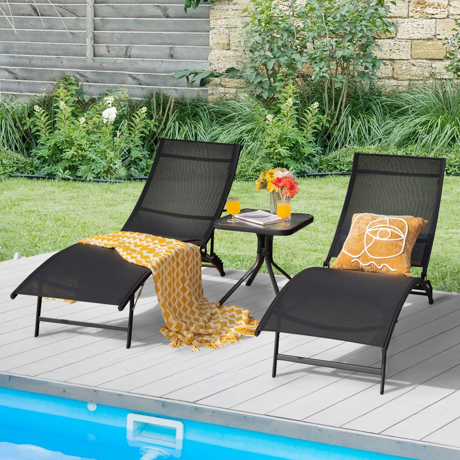 Giantex Outdoor Chaise Lounge Set of 2 - Foldable Pool Lounge Chairs with 5-Position Adjustable Backrest, Quick-Drying Fabric - Patio Lounger for Backyard, Beach, Lawn & Sunbathing - Perfect for Poolside Relaxation, Summer Vacation & Outdoor Lounging (Black)