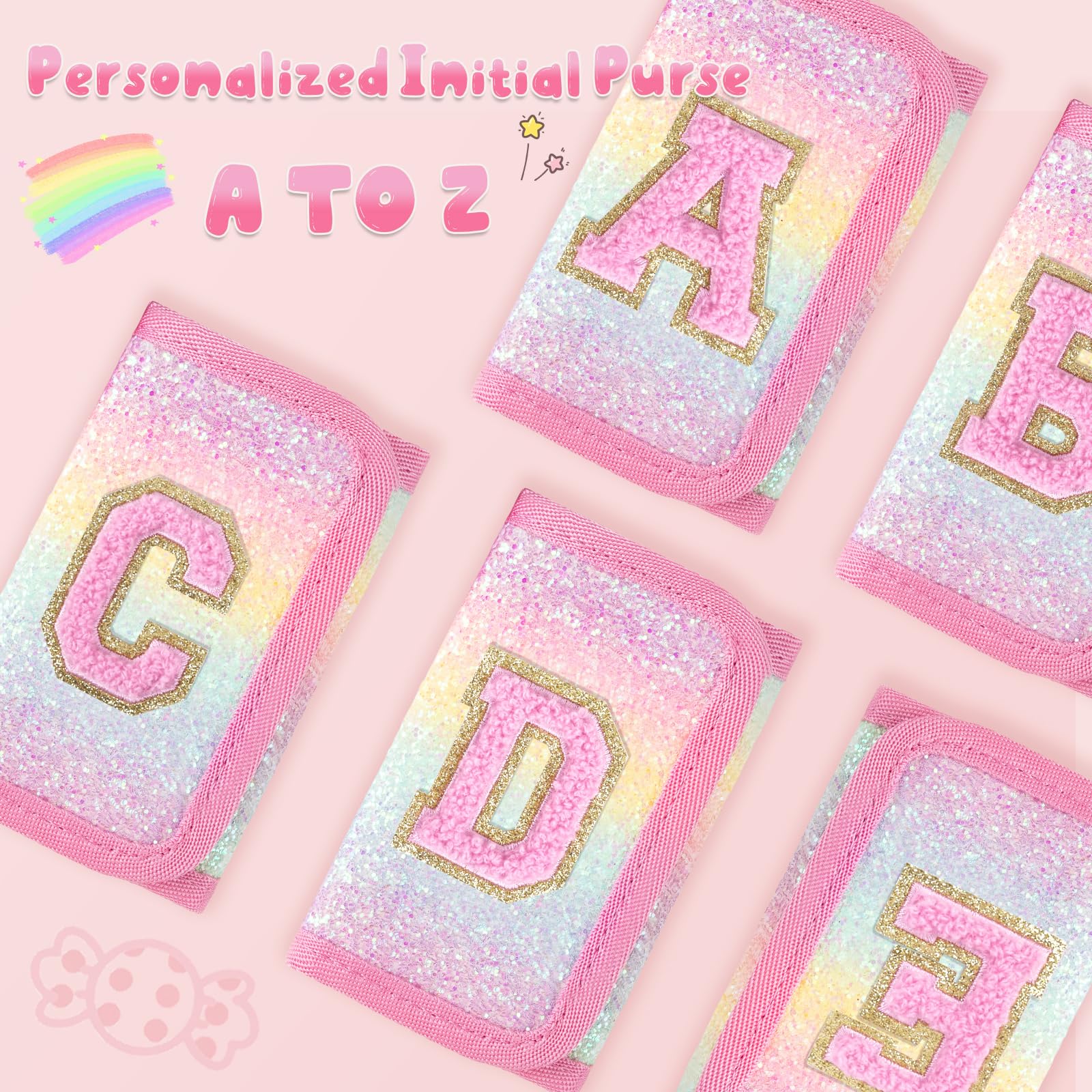 Personalized Initial Trifold Wallet for Girls Ages 2-10 - Cute Rainbow Glitter Coin Purse with Magic Sticker | Small Letter Wallet for Kids & Teens | Perfect Gift for Birthdays, School & Everyday Use (Pink)