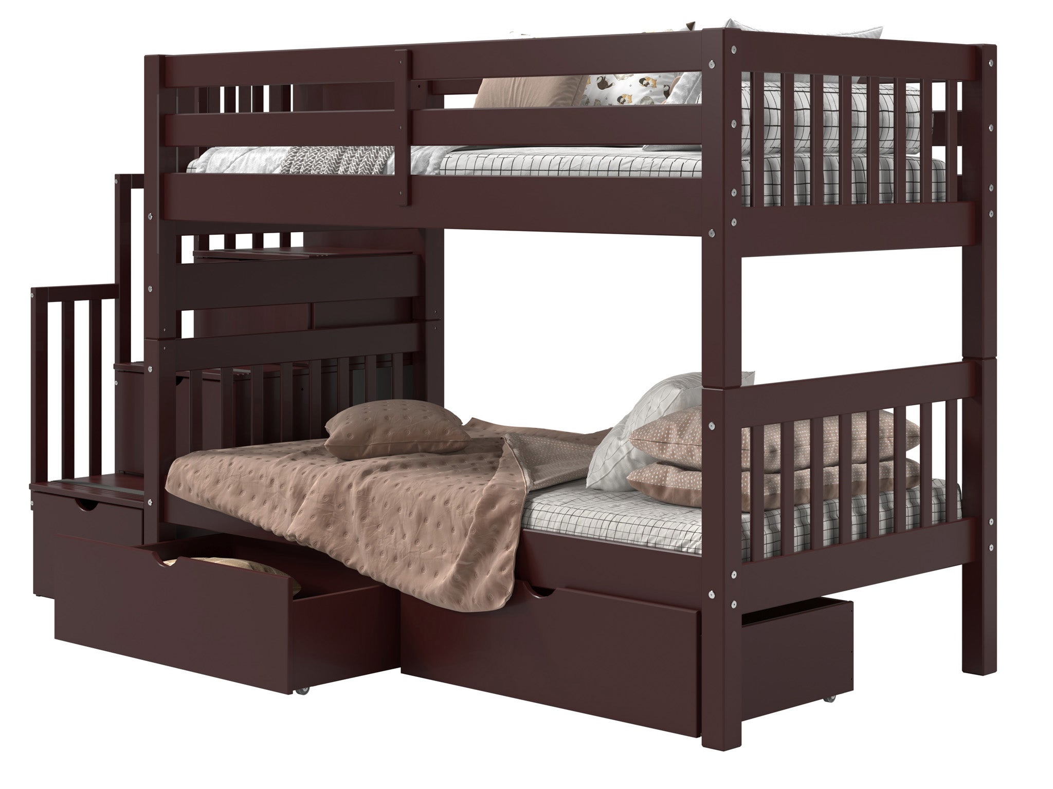 Twin Over Twin Bunk Bed with Stairway & 2 Drawers - Dark Cherry Finish | Space-Saving Kids Bedroom Furniture for Siblings or Sleepovers