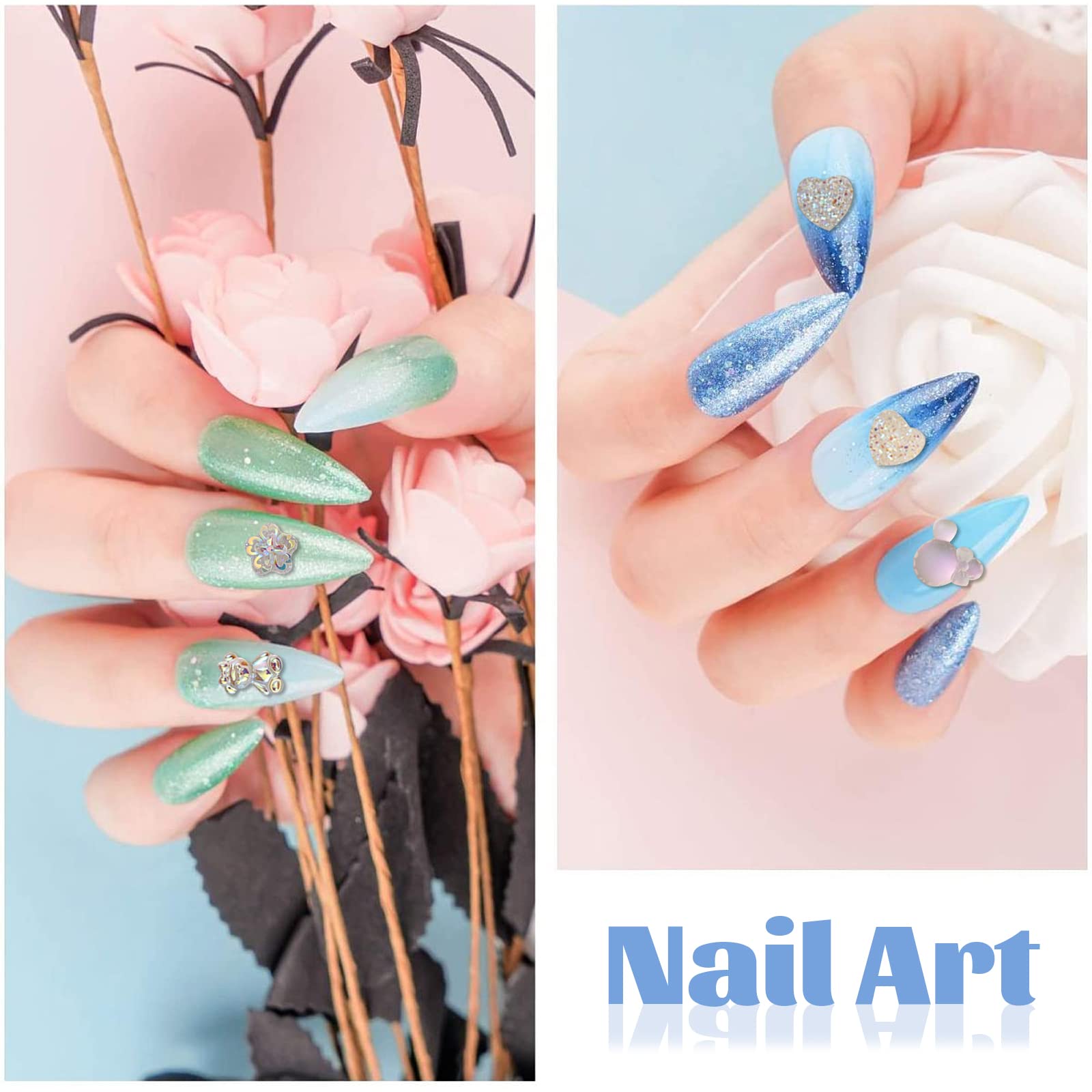 100 Pcs 3D Nail Art Charms Set - Aurora Bear Heart Bowknot Flower Rhinestone Decorations for Acrylic Nails | Perfect for DIY Manicures, Nail Salons & Party Nail Art Designs