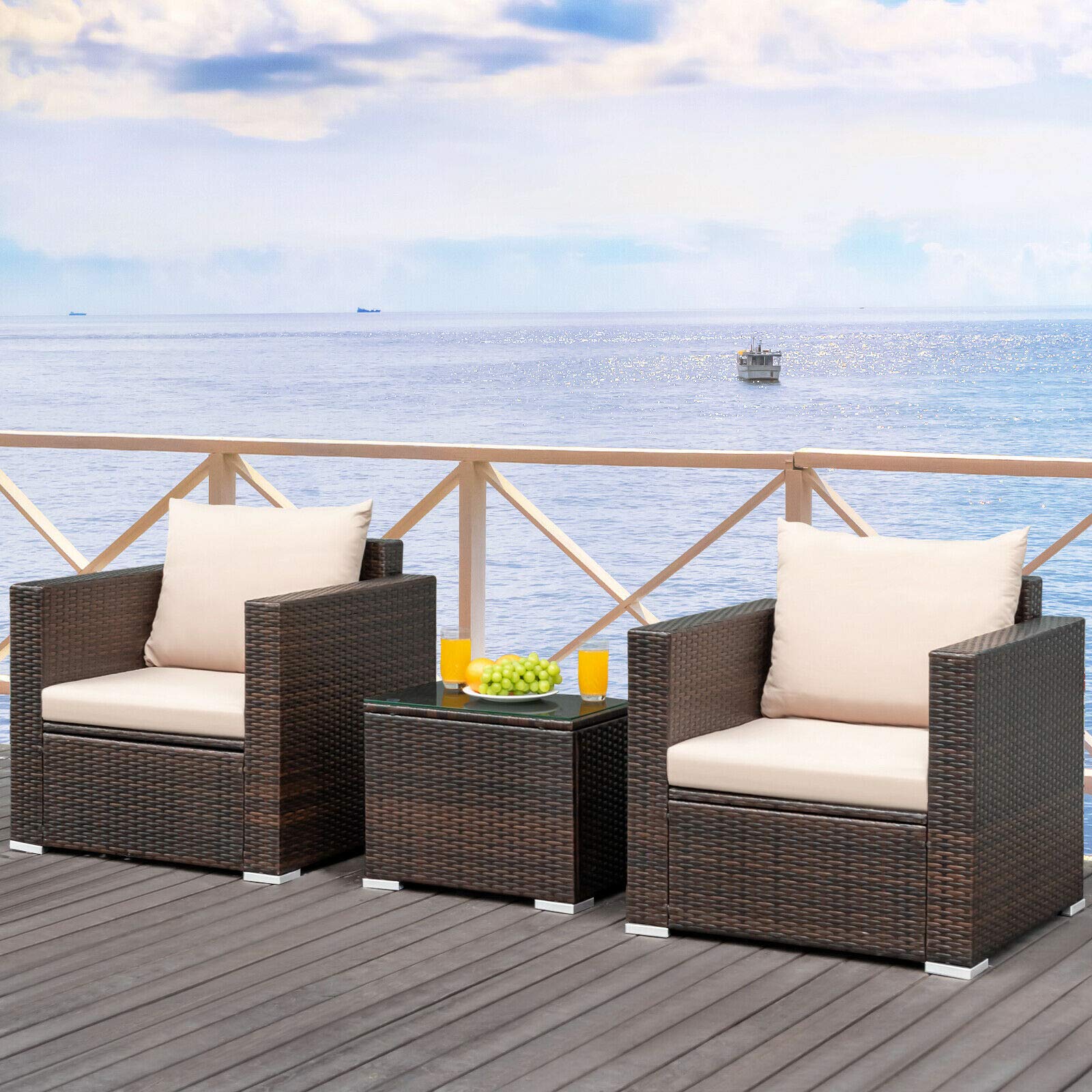 HappyGrill 3-Piece Patio Furniture Set with Coffee Table - Outdoor Rattan Wicker Conversation Sofa Set with Washable Cushions for Garden, Poolside, Backyard & Patio Relaxation
