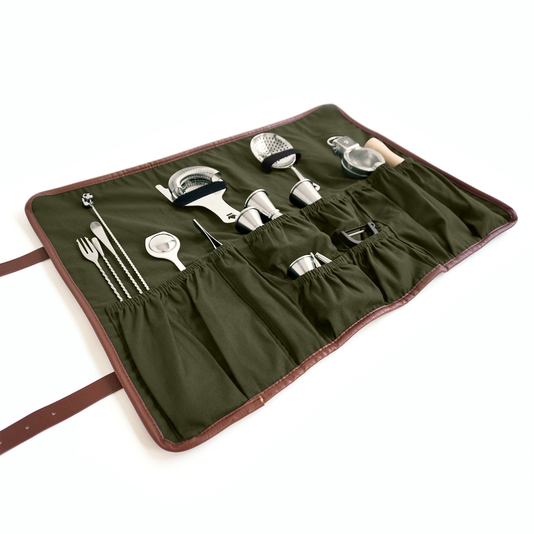 BARWARE ROLL UP - Army Green Canvas Bar Tool Organizer for Cocktail Making, Bartending & Outdoor Parties - Portable & Durable Canvas Drink Accessories Case