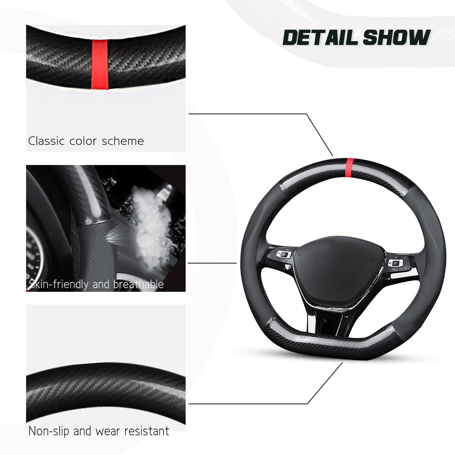 Non-Slip Carbon Fiber & PU Leather D-Shaped Steering Wheel Cover - Universal Fit for 38cm(15