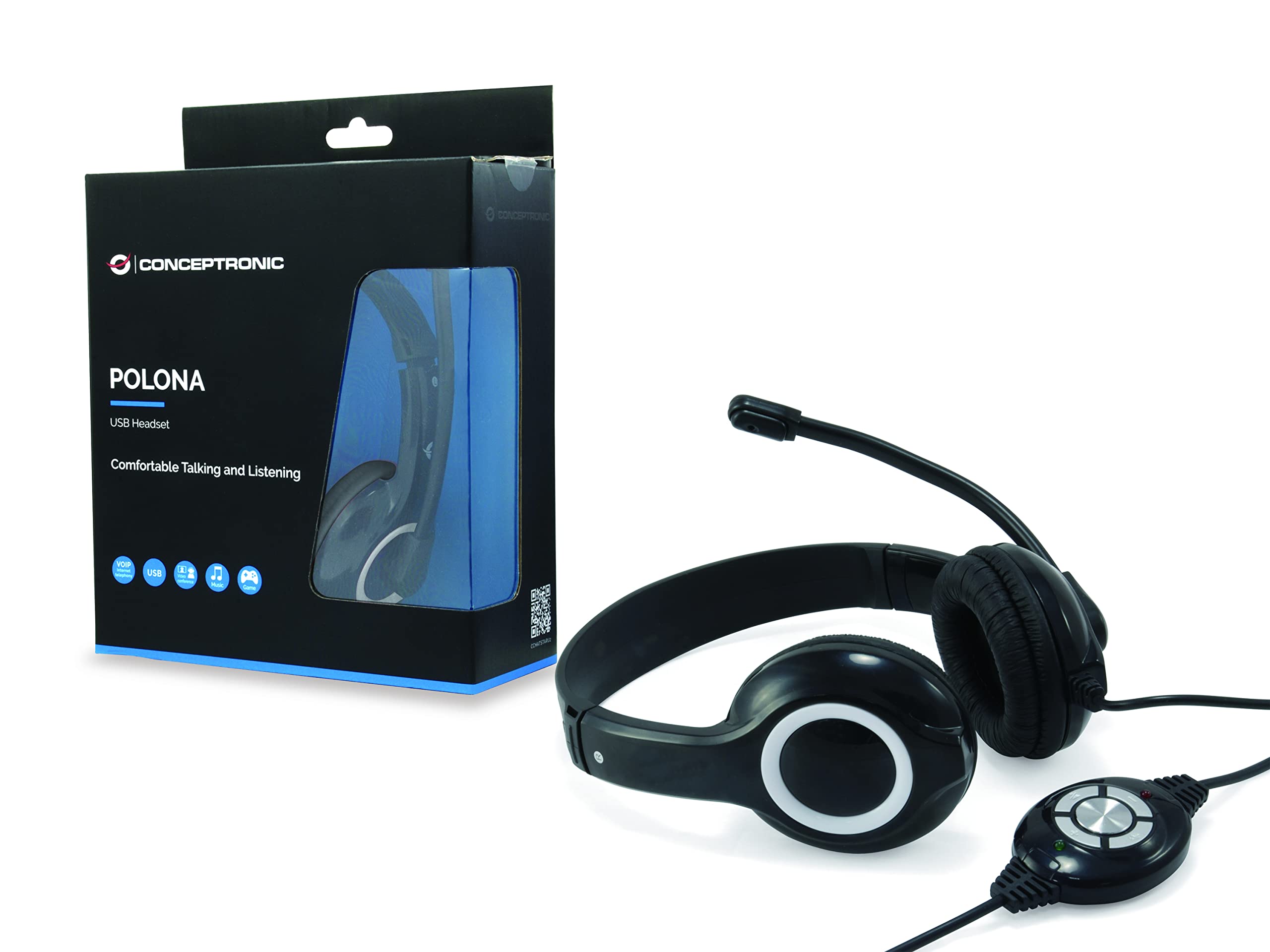 Conceptronic POLONA USB Wired Headset with Noise-Canceling Microphone for PC, Laptop, Call Center - Comfortable Over-Ear Headphones with Clear Sound (Black) - Perfect for Online Meetings, Gaming & Remote Work