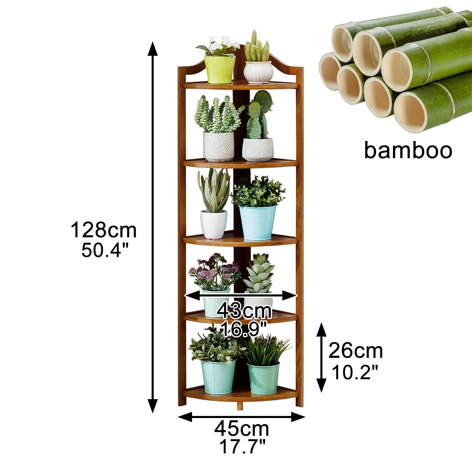 5-Tier Bamboo Corner Bookshelf - Multipurpose Flower Shelf & Display Rack for Plants, Kitchen, Living Room, Office | Space-Saving Organizer for Home Decor (Brown) | Perfect for Small Spaces & Corner Plant Displays