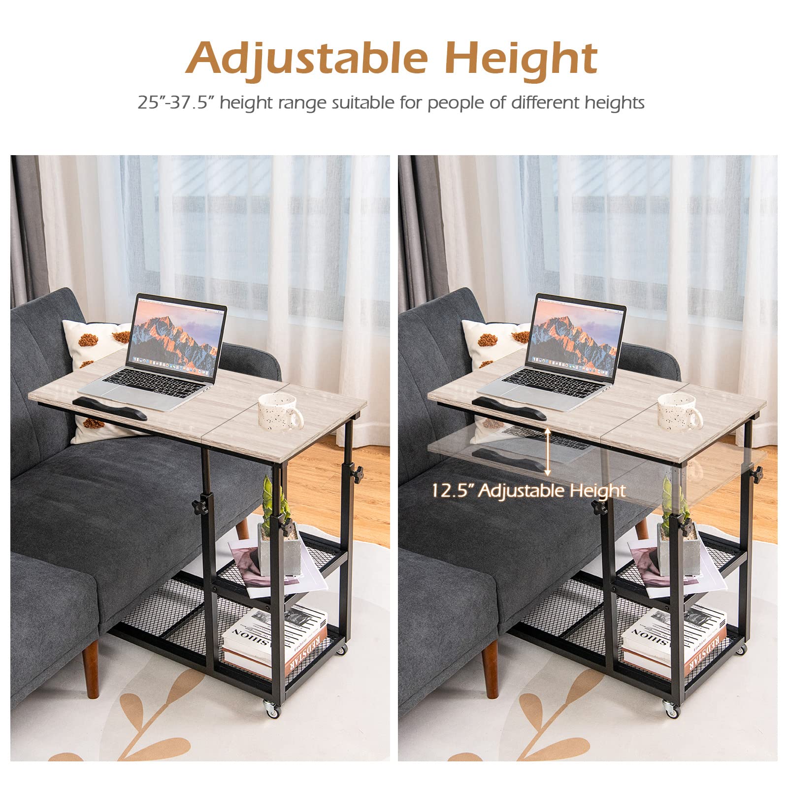Tangkula Adjustable Height C-Shaped End Table with Lockable Wheels - Mobile Sofa Desk, Tiltable Tabletop, Storage Shelves - Perfect for Living Room, Bedside, Office & Snack Table