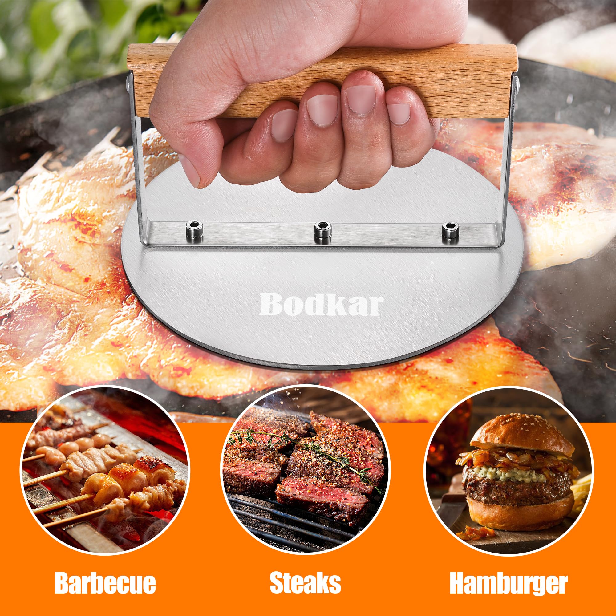 Stainless Steel Burger Press - 6 Inch Round Hamburger Smasher with Wooden Handle, Heavy Duty Grill Press & Meat Flattener for Perfect Patties - Ideal for Flat Top Griddle, BBQ Grill, Camping & Home Kitchen Cooking