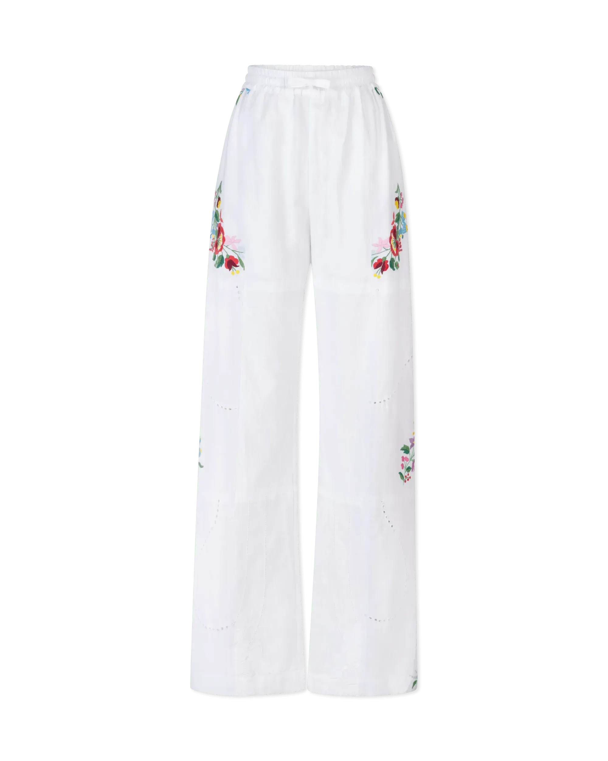 Embroidered Linen Pants for Women - Soft Breathable Summer Wide Leg Trousers - Boho Chic Casual Lounge Pants for Beach, Yoga & Travel