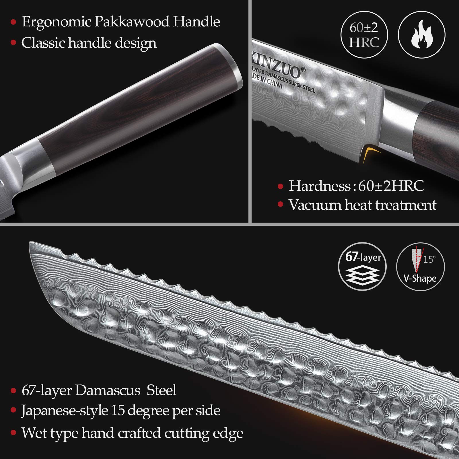 XINZUO 8 Inch 67 Layers Damascus Bread Knife - Professional Serrated Bread Knife with Pakkawood Handle for Homemade Bread, Pastry, Cake Cutting | Razor Sharp Blade & Gift Box Included | Perfect for Bakeries, Kitchens & Bread Lovers