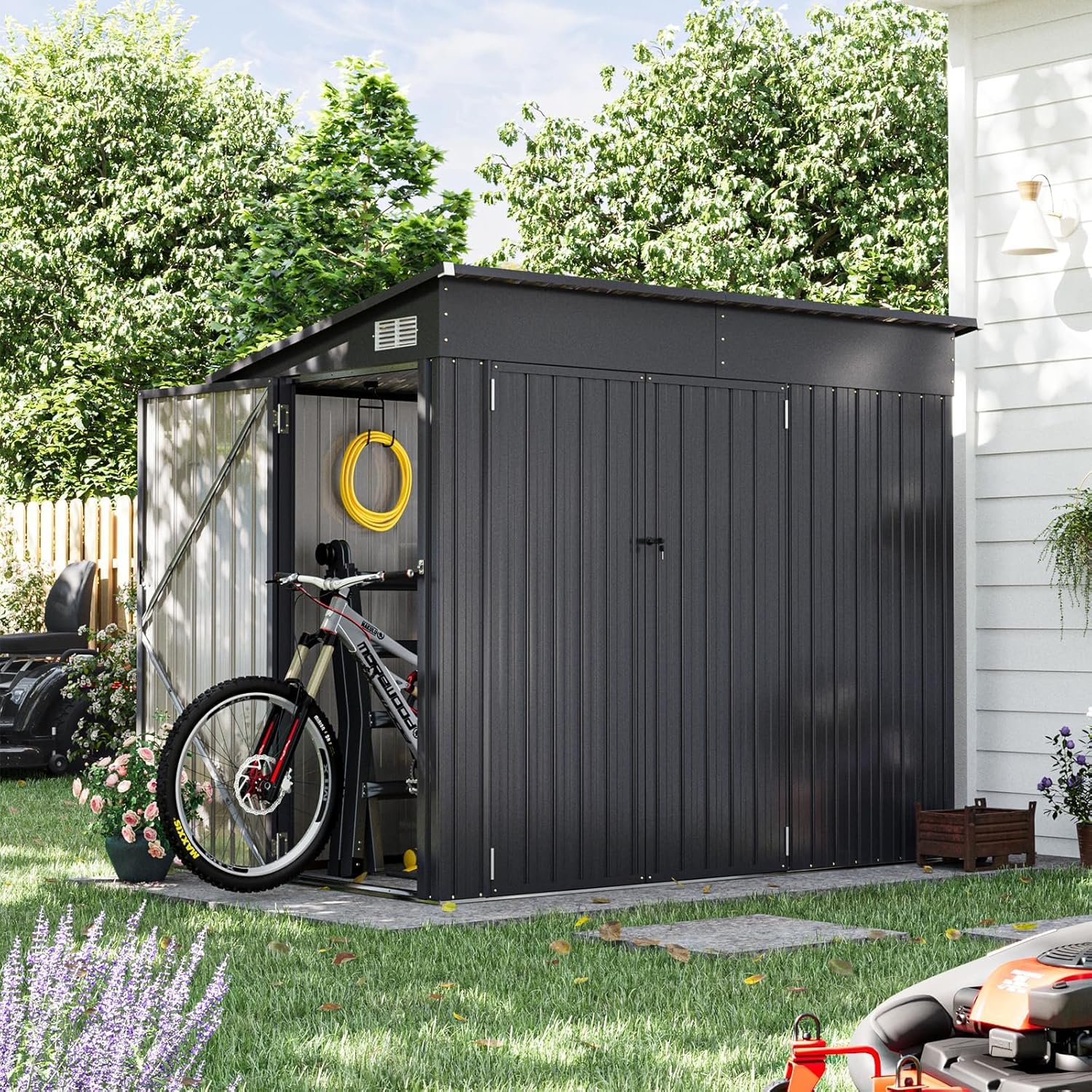Aoxun 4' x 8' Outdoor Metal Storage Shed with Triple Lockable Doors & Sloping Roof - Heavy Duty Garden Shed for Tools, Bicycles, Lawn Equipment - Perfect for Backyard, Patio, Courtyard, and Garage Storage Solutions