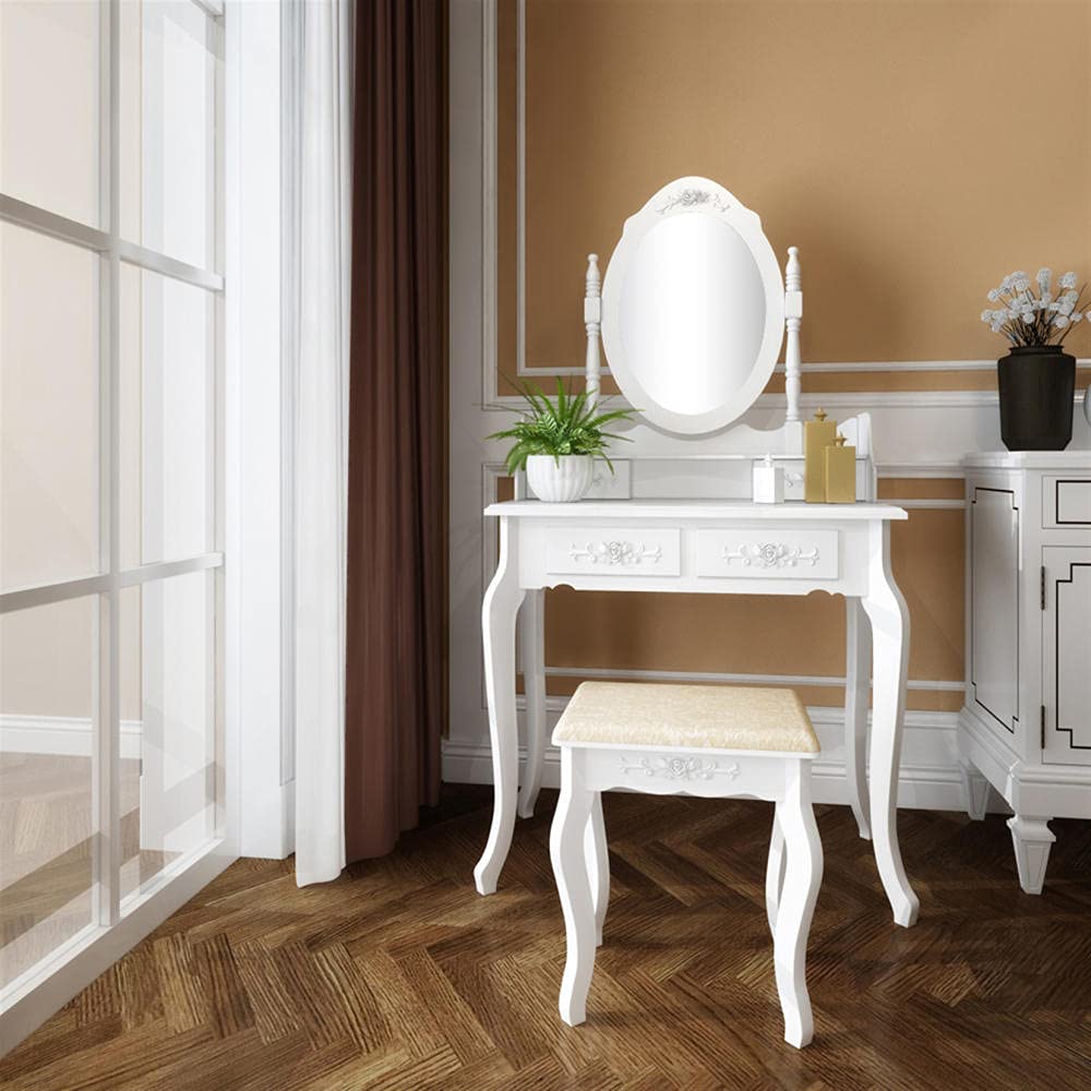 Elegant White Vanity Table Set with 360° Rotating Oval Mirror, 4 Drawers & Cushioned Stool - Wooden Makeup Dressing Table for Women, Perfect for Bedroom & Home Decor (Vanity Desk with Bench Included) - Ideal for Makeup Application, Skincare Routine & Getting Ready in Style