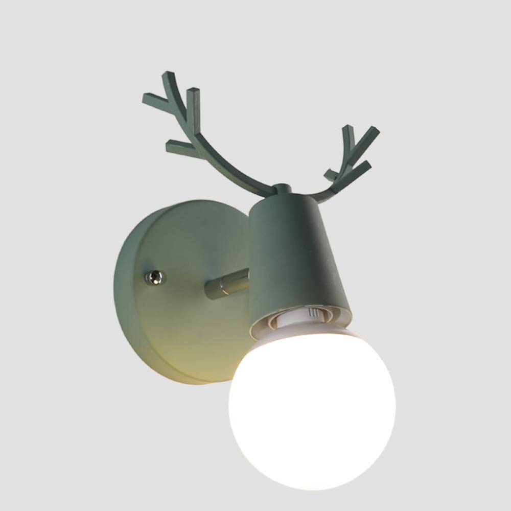 Ganeep Deer Head Solid Wood Wall Sconce - Nordic Style E27 Bedside Lamp for Bedroom, Nursery & Hallway - Dimmable Stair Lighting with Switch (Green) - Perfect for Kids' Rooms, Reading Nooks & Cozy Corners