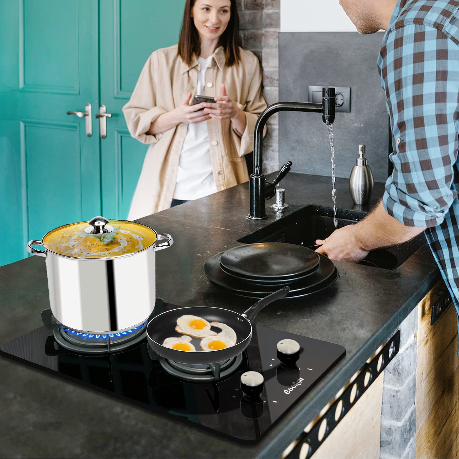 12 Inch Built-in Gas Stove with 2 Burners - Dual Fuel LPG/NG Propane Cooktop - Tempered Glass Gas Stove Top for Kitchen & Apartment - 110-120V Plug in - Perfect for Indoor Cooking, Small Spaces & RV Use