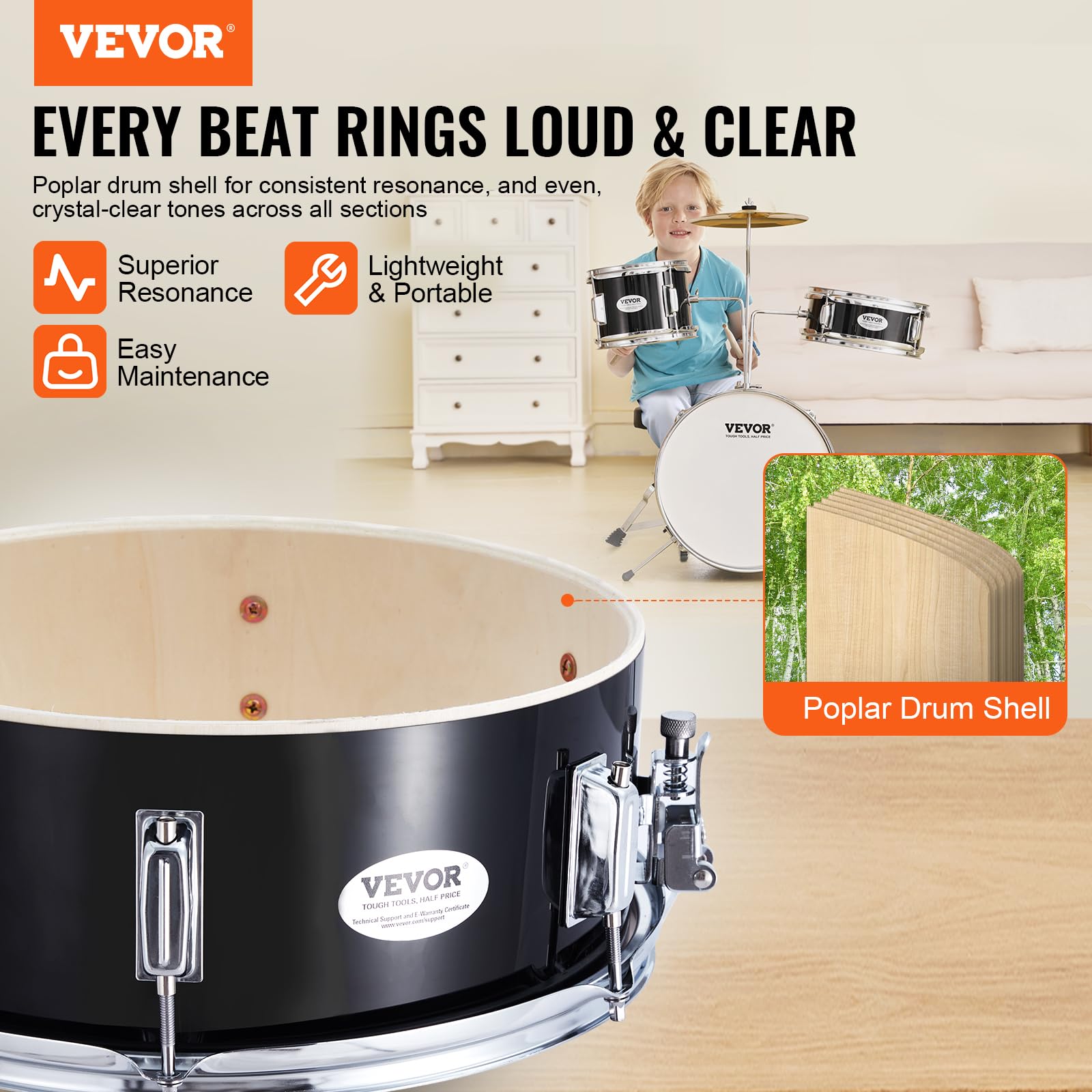 VEVOR Kids Drum Set 3-Piece Junior Beginner Drum Kit with Adjustable Throne, Sticks, Cymbal & Pedal - 14 Inch Black Tom Snare Bass Starter Drum Set for Children | Perfect for Home Practice, Music Lessons & Birthday Gifts