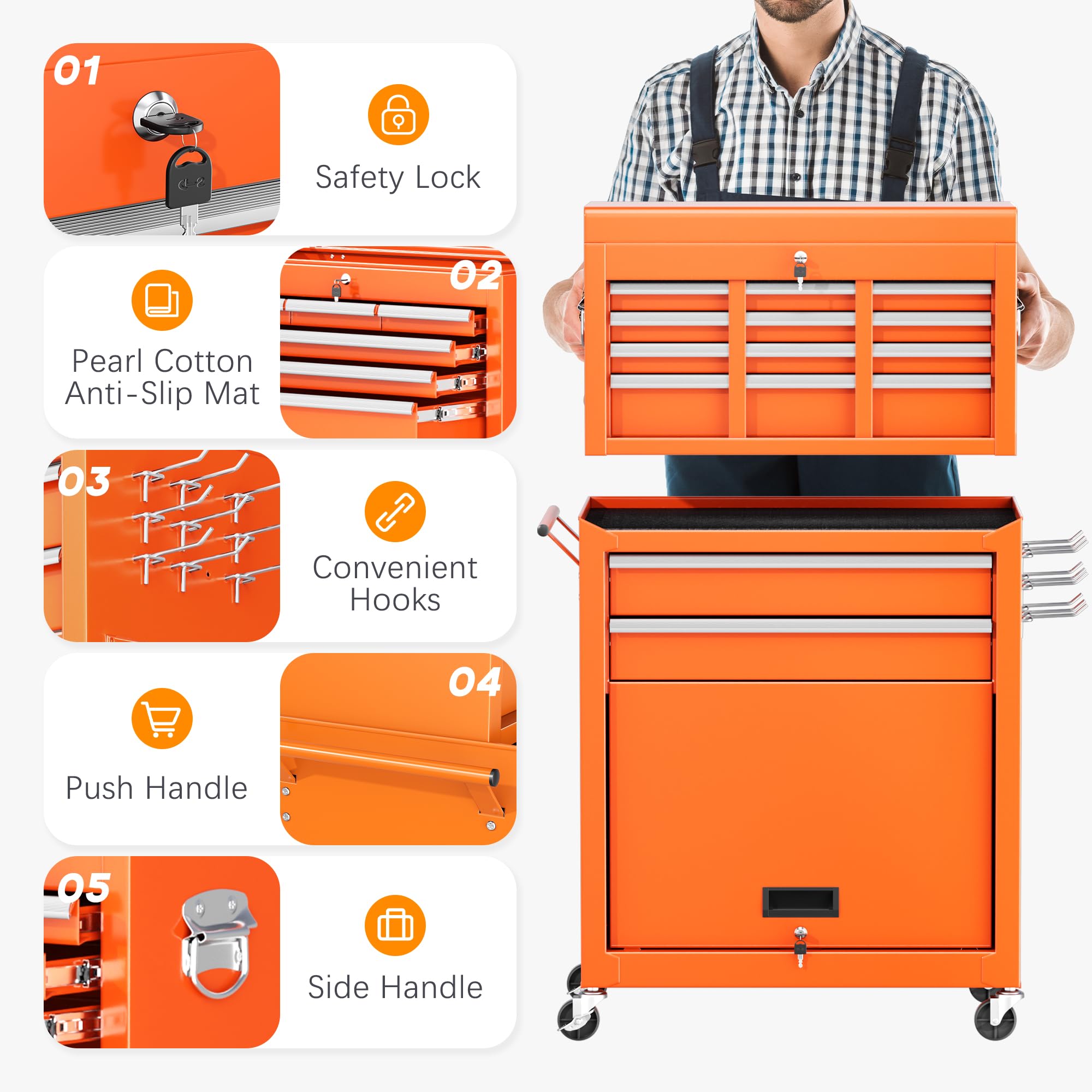 8-Drawer Rolling Tool Chest with Wheels - 2-in-1 Detachable Tool Box & Lockable Metal Cabinet for Garage, Workshop & DIY Projects | Heavy-Duty Tool Cart with Storage Drawers (Orange)