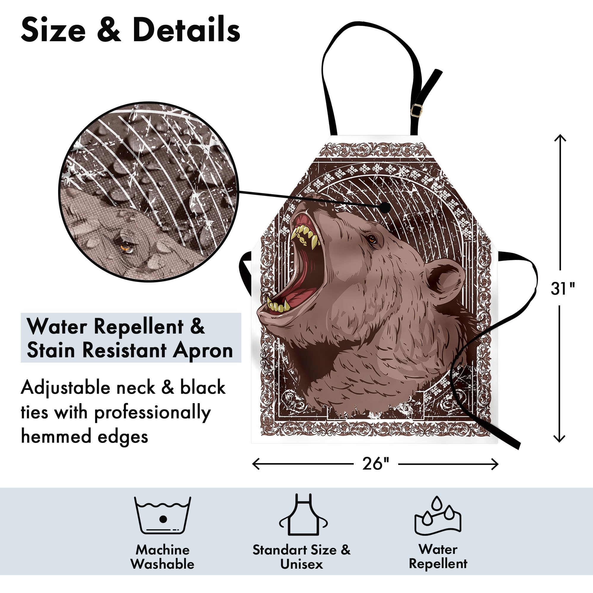 Ambesonne Animal Print Apron - Grizzly Bear Head Design with Sharp Teeth - Adjustable Neck Unisex Kitchen Bib for Cooking, Baking & Grilling - Perfect for BBQ, Gardening & Outdoor Activities - Adult Size White & Brown Apron