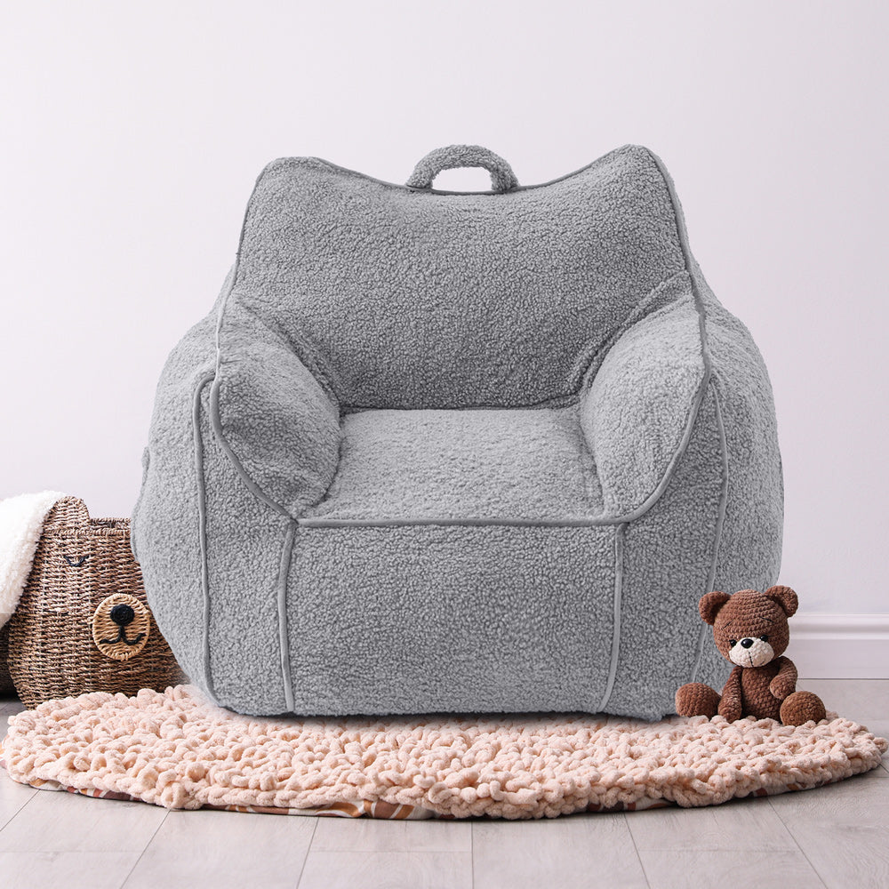 MAXYOYO Kids Sherpa Bean Bag Chair - Soft & Cozy Bean Bag Couch with Decorative Edges for Children's Room, Nursery or Playroom (Grey) - Perfect for Reading, Gaming & Relaxing