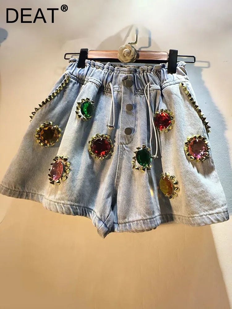 Women's High Waist Denim Shorts with Rivet & Diamond Decor - Elastic Drawstring Loose Wide Leg Jeans for Summer | Casual Outfit, Beach Wear, Street Style