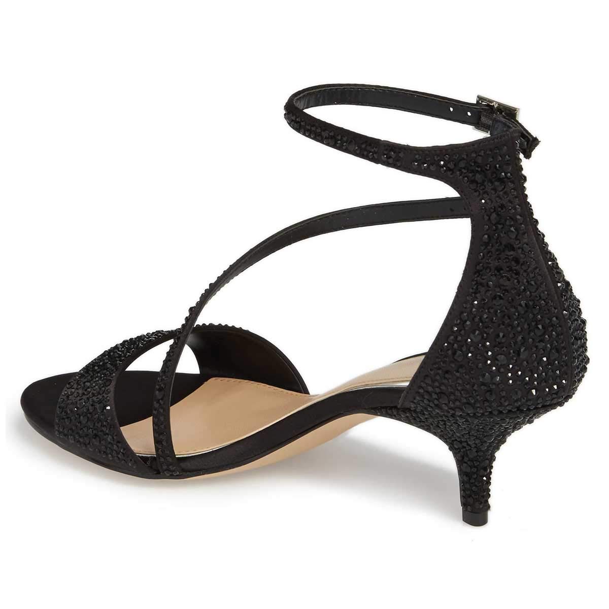 XYD Women's Satin Rhinestone Low Kitten Heel Sandals - Ankle Strap Open Toe Fashion Pumps for Party, Prom, Wedding & Evening Events - Perfect for Cocktail Dresses & Special Occasions