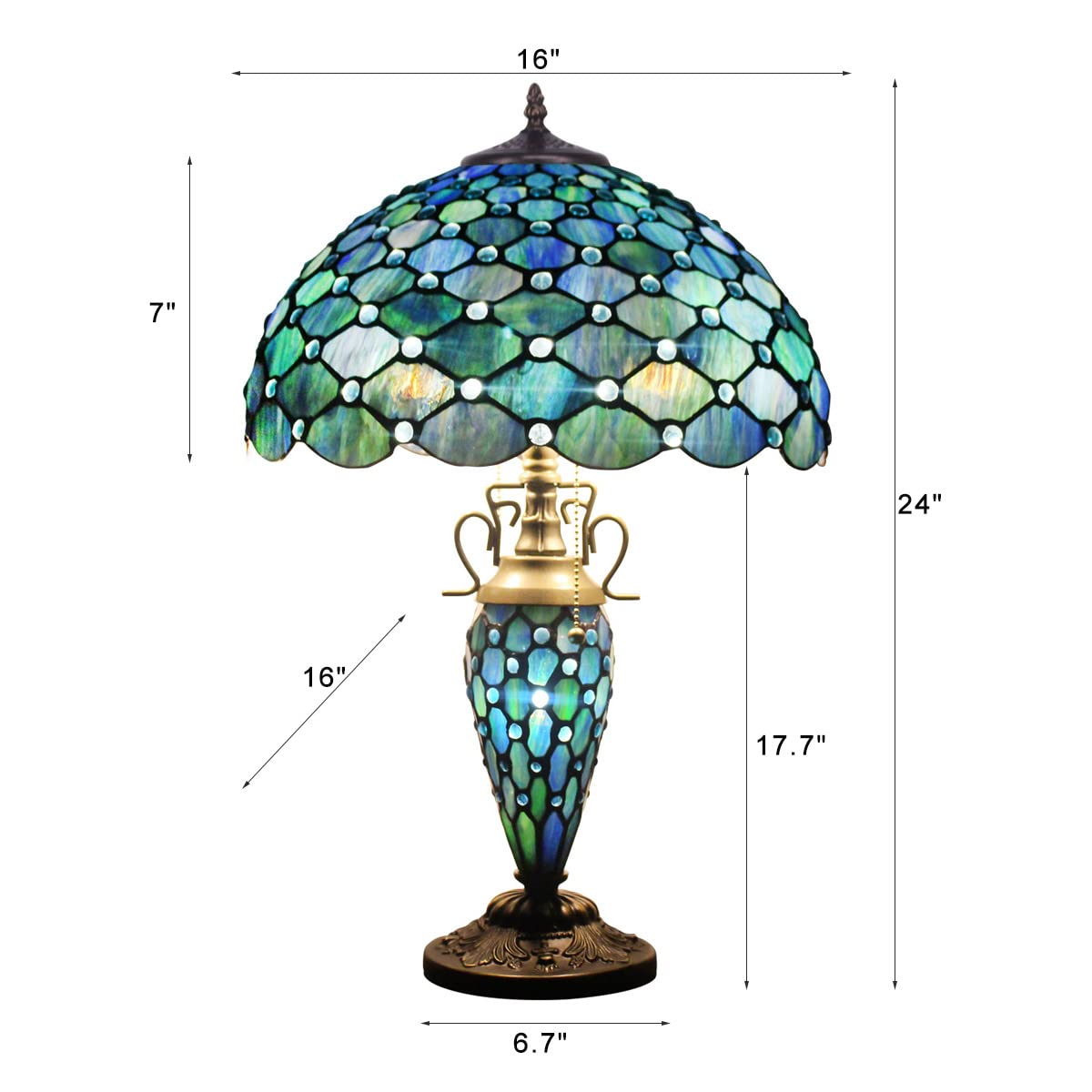 Tiffany Stained Glass Table Lamp - 16x16x24 Inch Antique Reading Lamp with Night Light, Sea Blue Pearl - Perfect for Living Room, Bedroom, and Office Decor