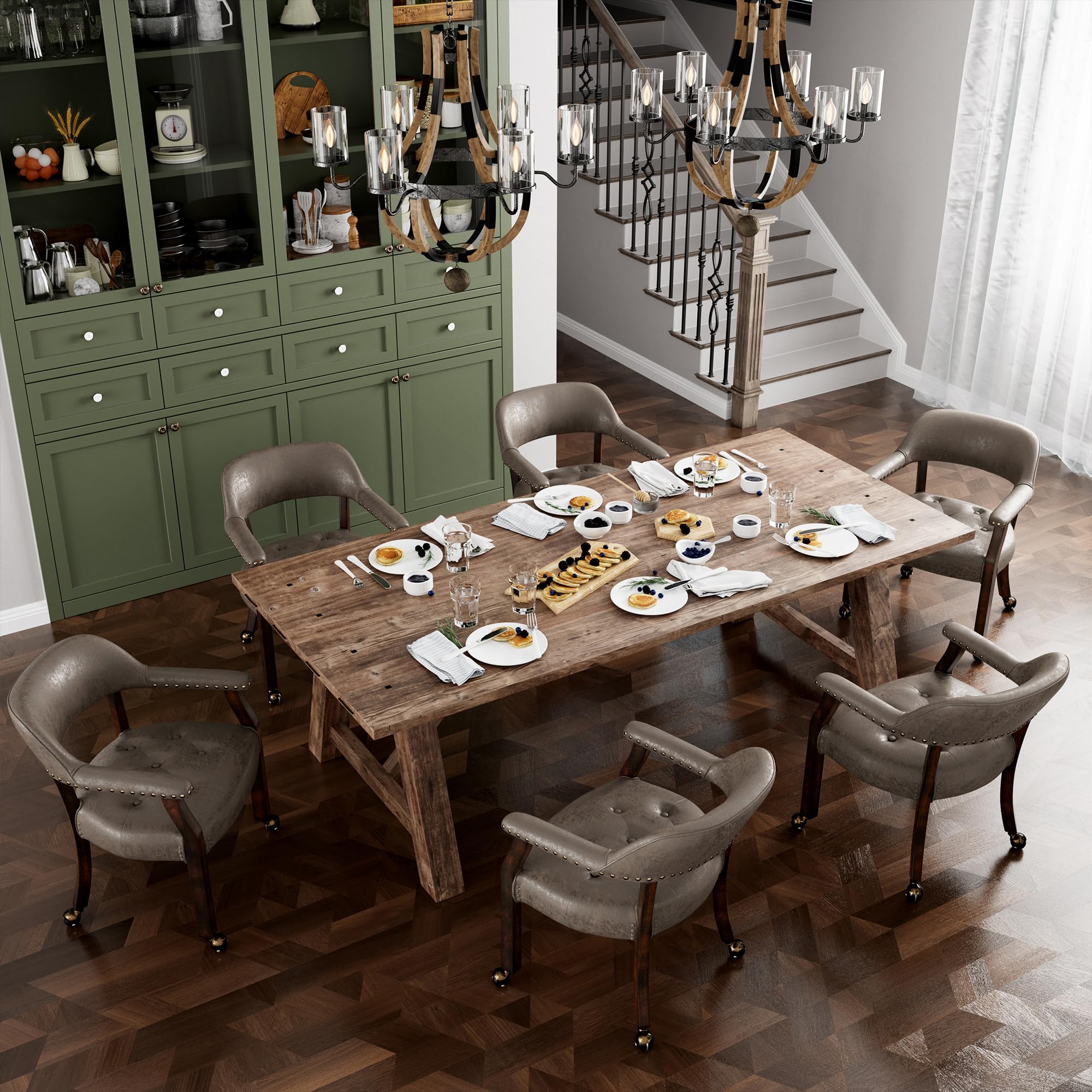 LEEMTORIG Rolling Dining Chairs with Arms - Espresso Wooden Captains Chairs with Casters for Kitchen, Poker Table, Office & Game Room - Dark Brown SY-318-DK - Perfect for Entertaining & Comfortable Seating