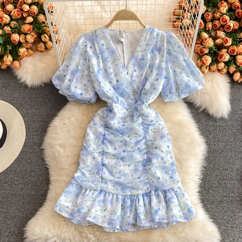 Floral V-Neck Mermaid Skirt Chiffon Summer Dress with Puff Sleeves - Fairy Tale Wedding Guest Dress for Beach Party, Garden Party & Special Occasions
