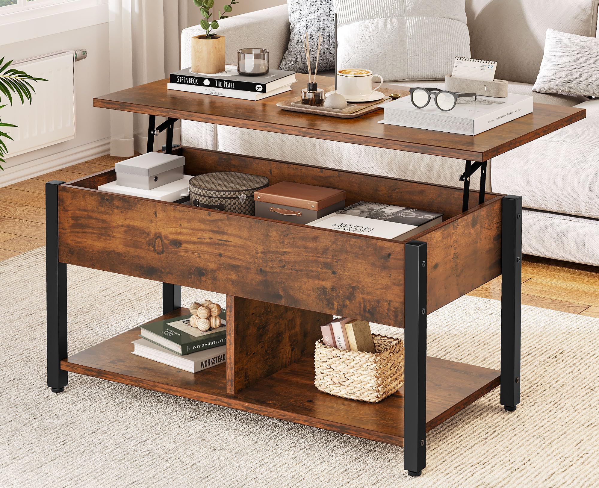 YITAHOME Lift Top Coffee Table with Large Hidden Storage - Rustic Brown Wood Lift-Up Center Table for Living Room & Office - Perfect for Small Spaces, Storage Solutions, and Multi-Functional Use
