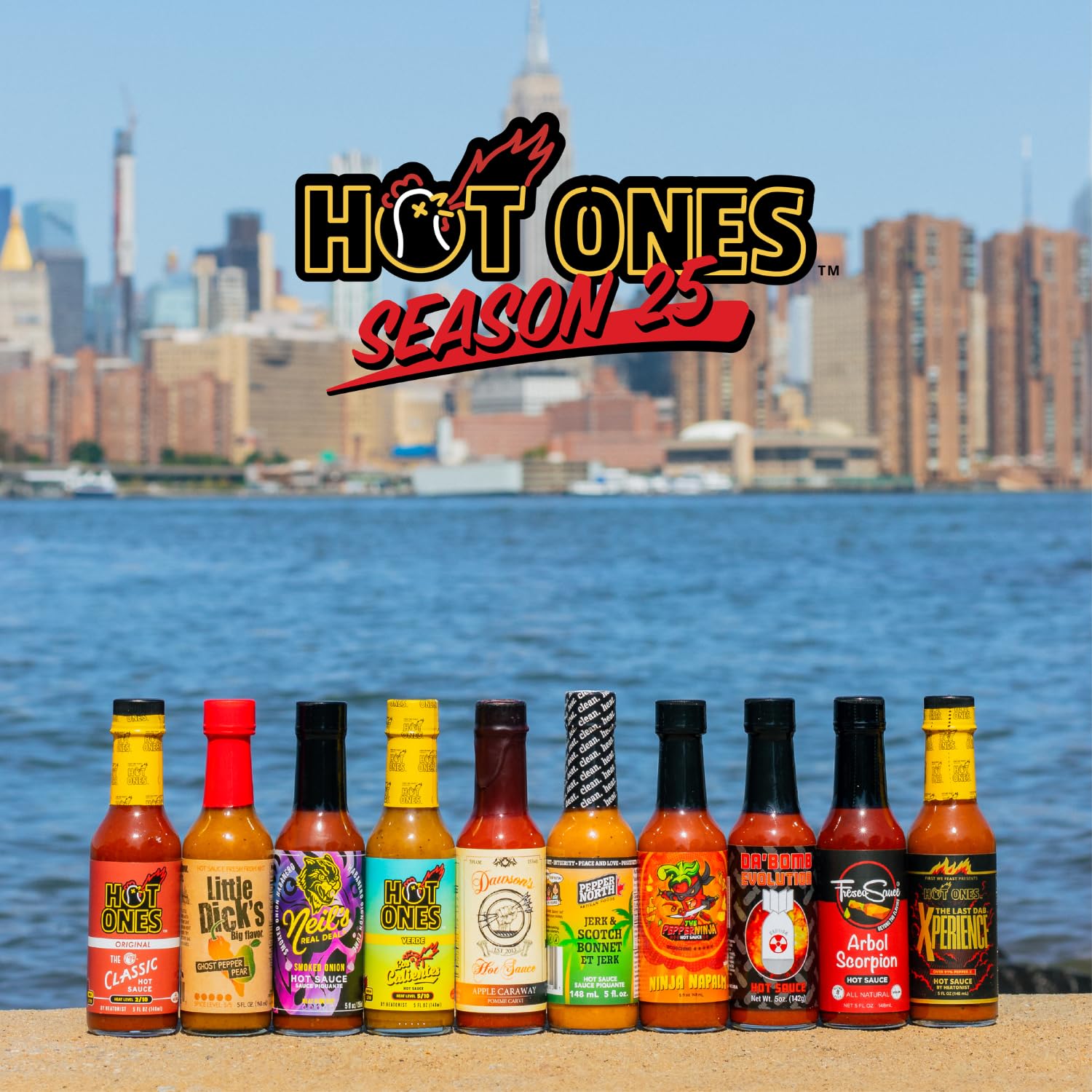 Hot Ones Season 25 Hot Sauce Gift Set - 10-Pack Small Batch Hot Sauce Variety Pack (5 fl oz Bottles) - Natural Ingredients, Unique Spicy Gifts for Hot Sauce Lovers - Perfect for Hot Wings Challenge, BBQ Parties & Foodie Gifts