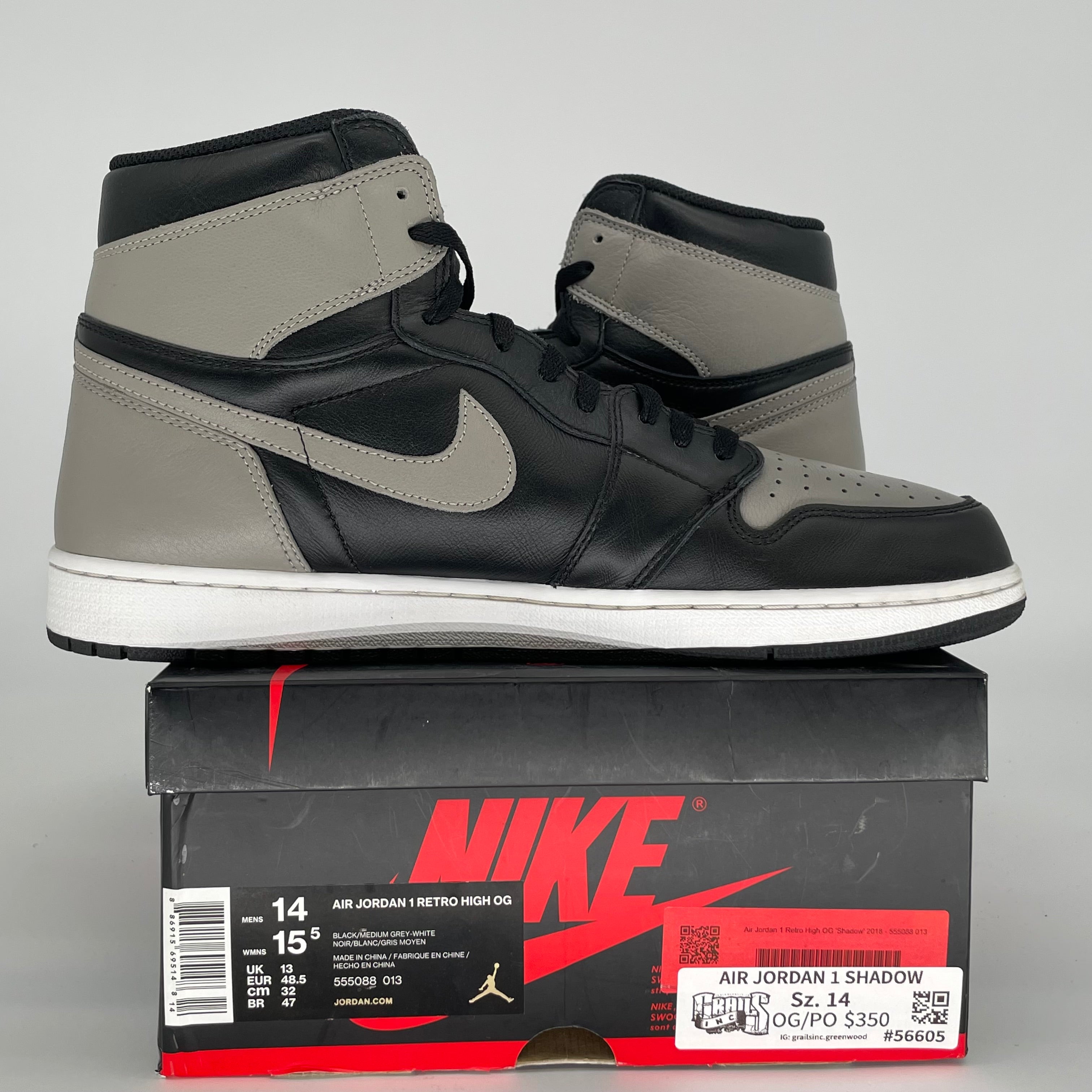 AIR JORDAN 1 Retro High OG 'Shadow' Men's Basketball Shoes Size 14 - Black/Dark Grey (555088-013) | Official Nike Release for Sneaker Collectors & Basketball Players