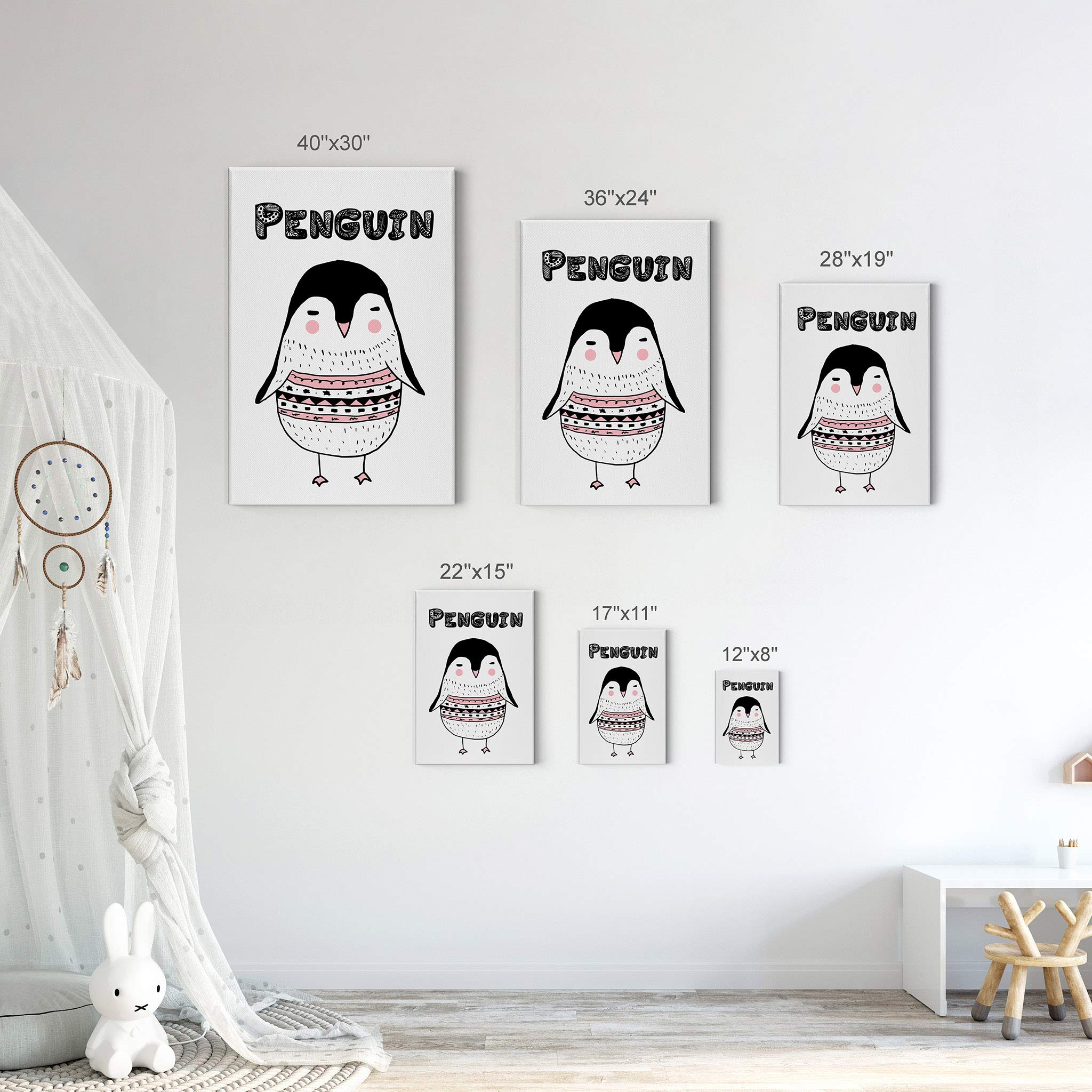 Scandinavian Penguin Canvas Wall Art - Handmade in USA, 17x11 Inch, Ready to Hang - Perfect for Kids Room, Nursery & Baby Room Decor - Cute Animal Illustration for Playful Home Decor