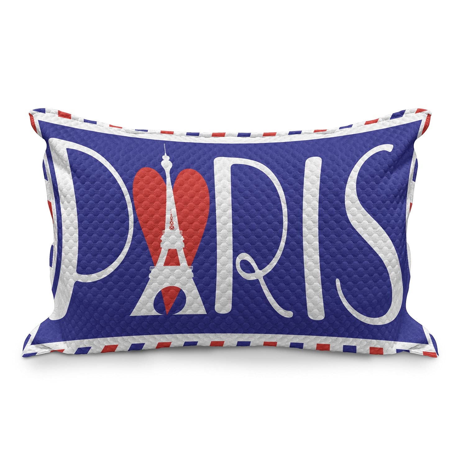 Ambesonne Paris Themed Quilted Pillow Cover - Eiffel Tower & Heart Design with Bold Lettering, Dark Violet & Coral, 30x20 Inches, Queen Size for Bedroom Decor | Perfect for Travel Lovers & Home Accent