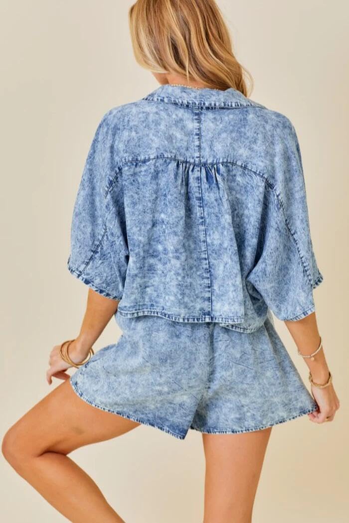 NIFTRIRY Women's Cozy Casual Two Piece Outfit - Oversized Top & Drawstring Denim Shorts Set | Perfect for Summer, Beach, Travel & Everyday Wear